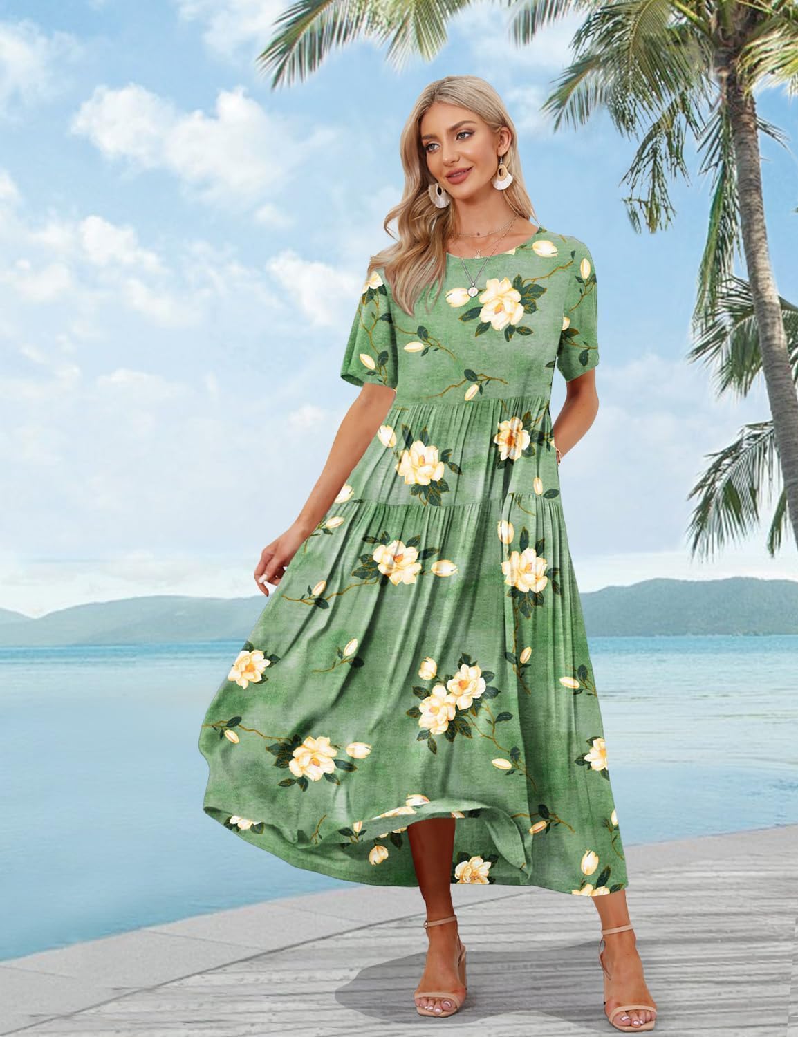 Detalle 2 de YESNO Women Casual Loose Bohemian Floral Dress with Pockets – Maxi Summer Swing