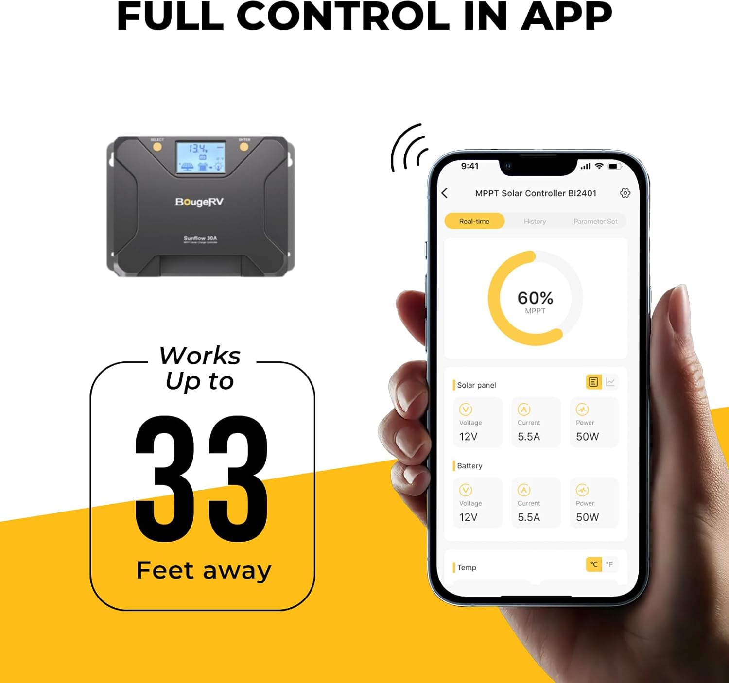 Detalle 2 de BougeRV Sunflow 30A MPPT Solar Charge Controller with Low-Temp Cut-Off, App Control & Backlit LCD
