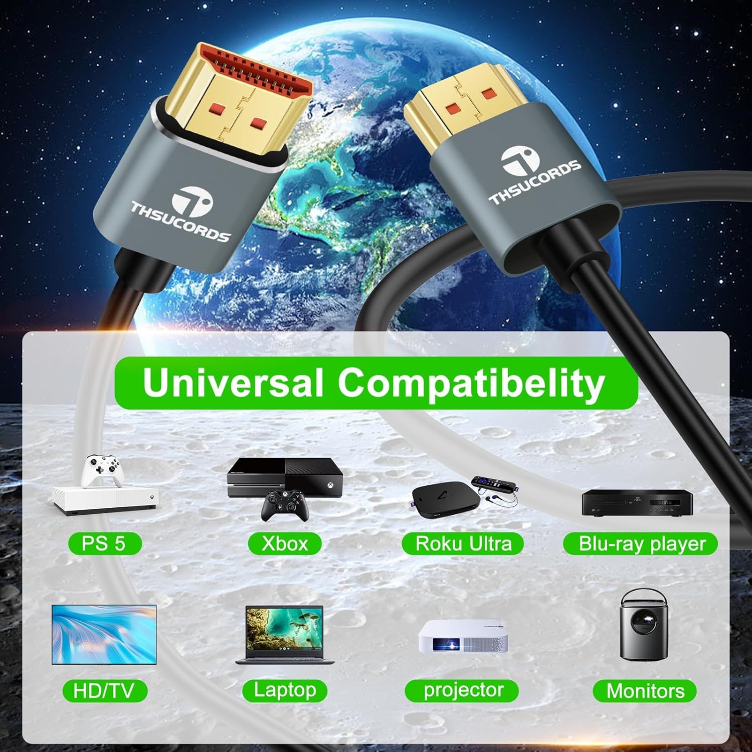 Detalle de Thsucords Ultra Thin 8K/4K HDMI Cables – 3m, 5 Pack (HDMI 2.1, 48Gbps, eARC)