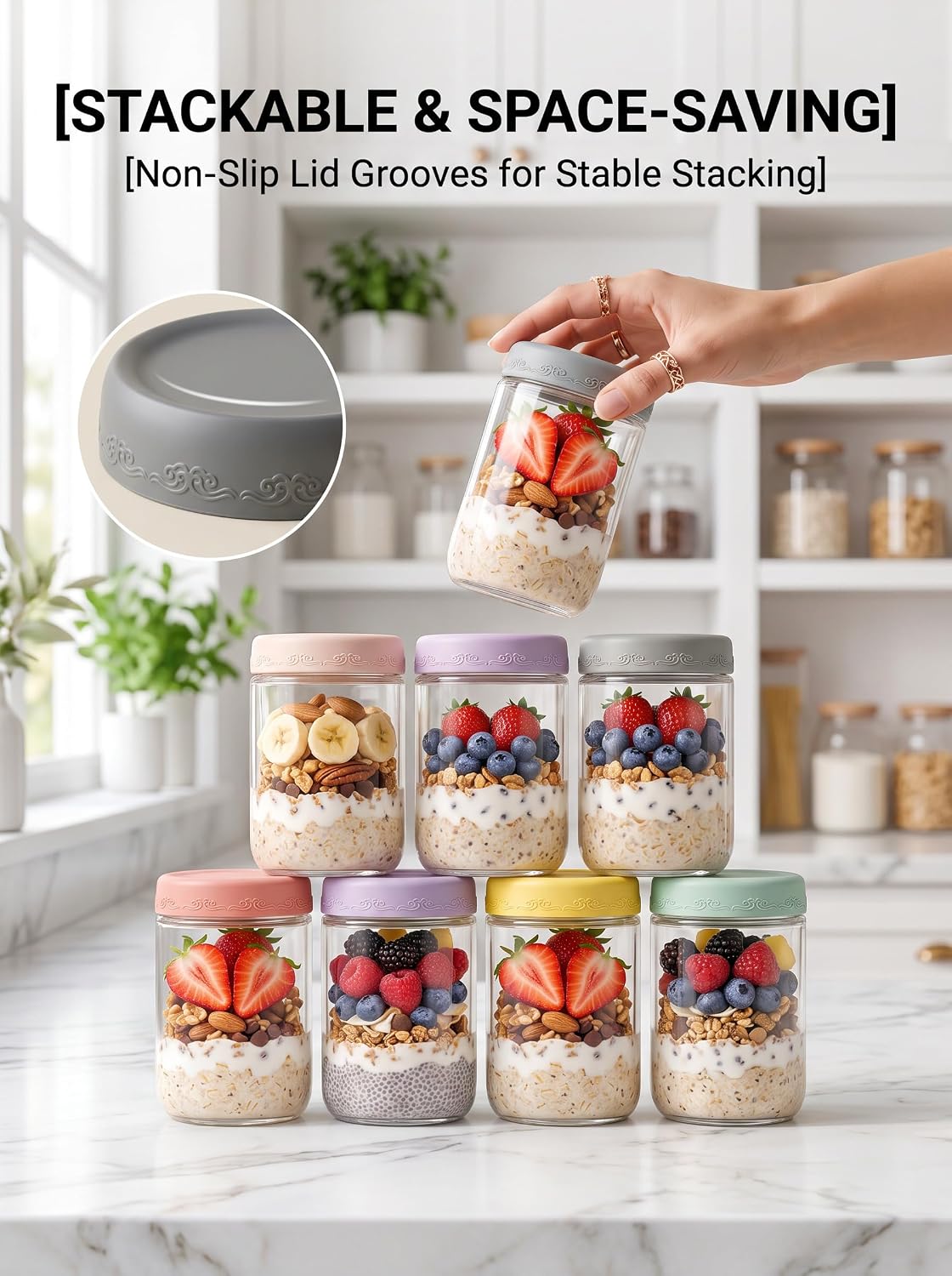 Detalle de DicraoLea 16 oz Glass Overnight Oats Jars, 6-Pack with Airtight Lids