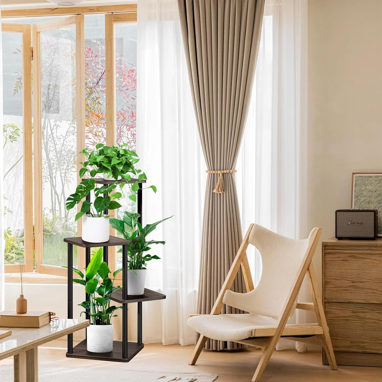 Thumbnail 4 de YOCOMEY 4-Tier Holz-Blumenregal – Pflanzentreppe, Standregal für Innen, Balkon und Garten (Schwarz/Eiche)