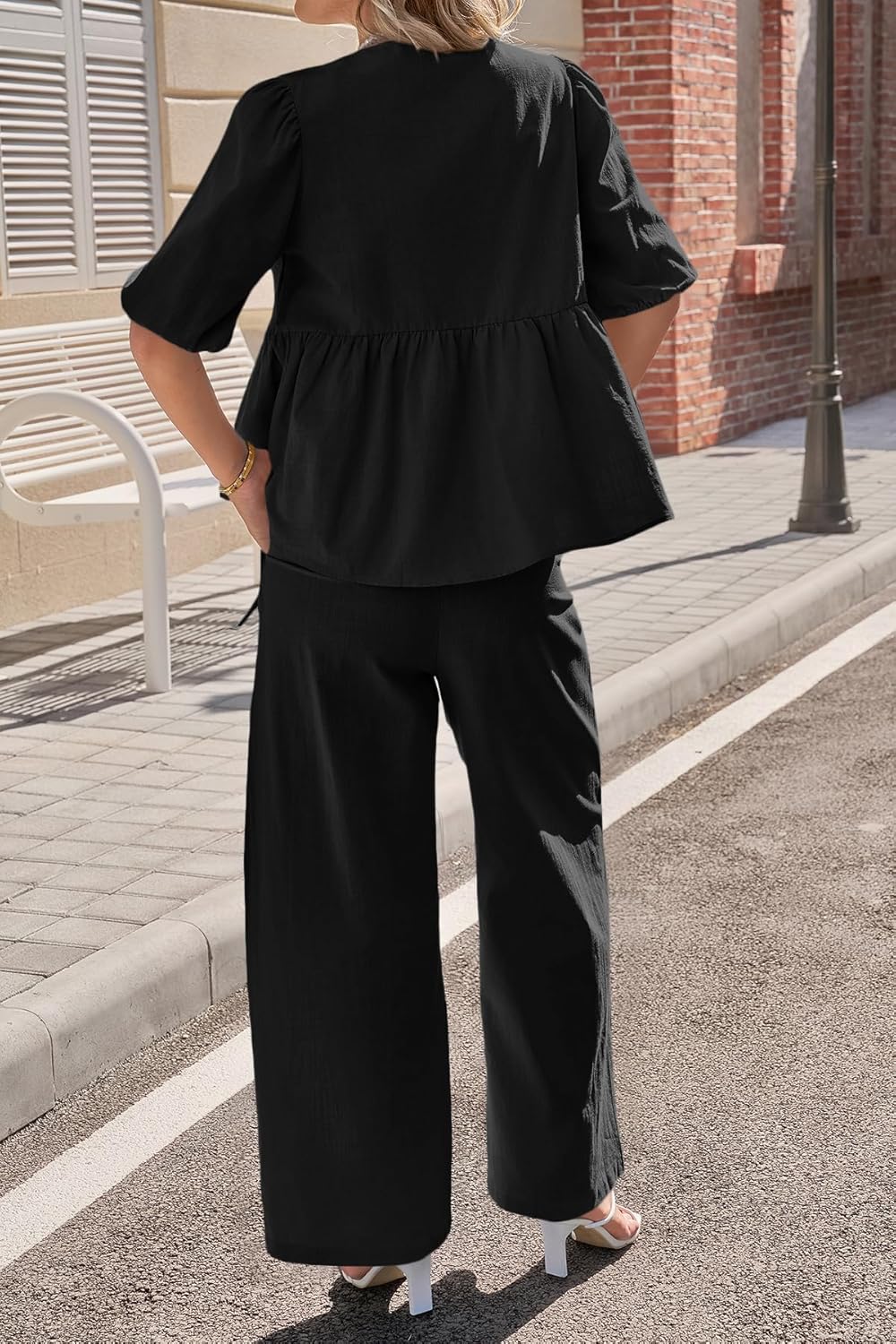 Detalle de Tankaneo Women's 2-Piece Linen Sets: V-Neck Puff Sleeve Babydoll Top & Wide Leg Pants