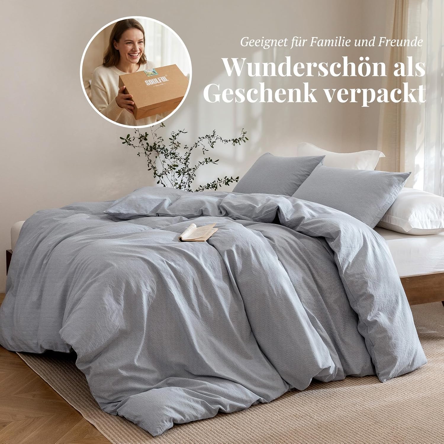 Detalle 2 de SOULFUL Bettwäsche-Set 155x220 aus 100% gewaschener Baumwolle (gestreift), mit Reißverschluss