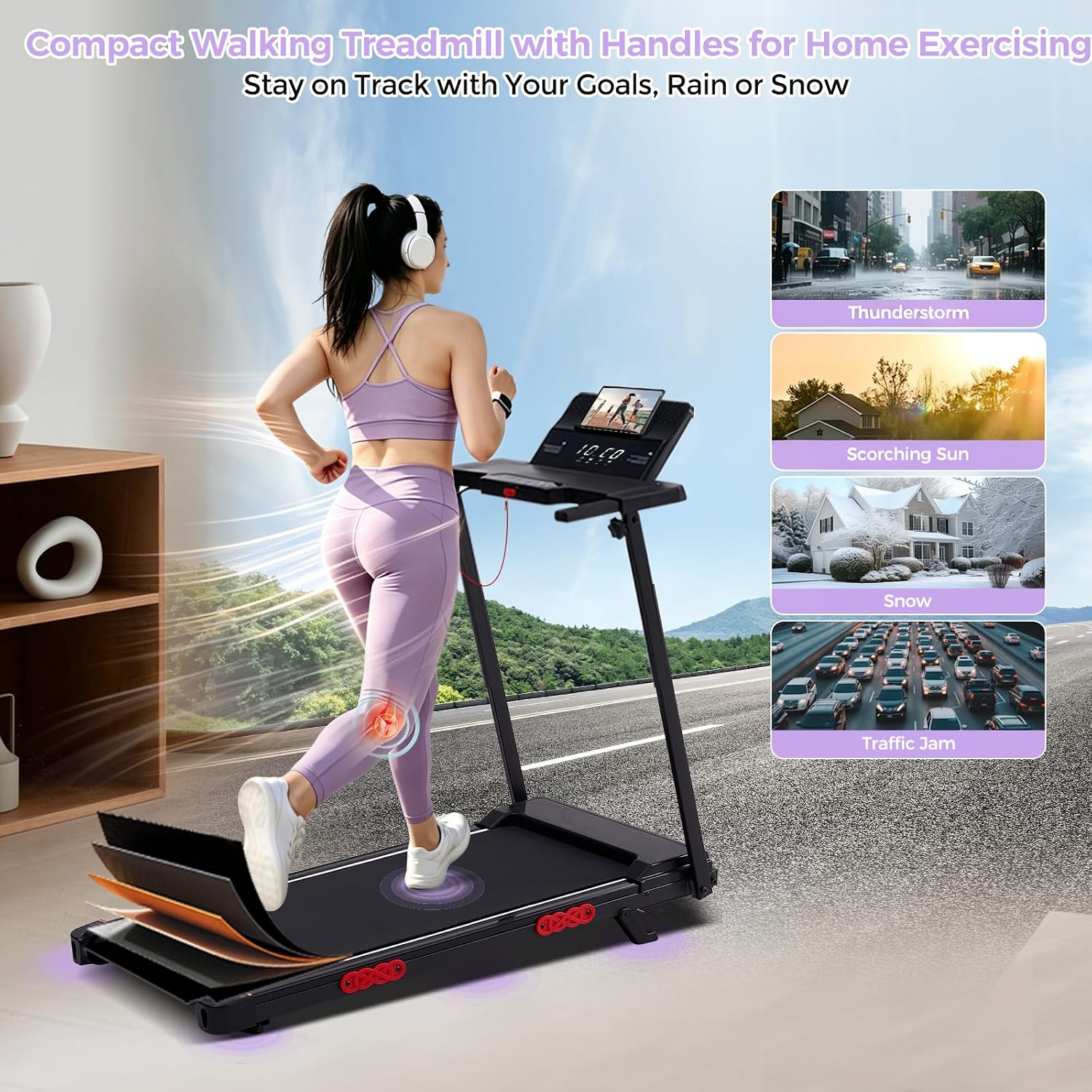 Detalle 2 de SUOUER 380TM-JKZ Compact Walking Pad Treadmill with Handlebar, Incline and LED Display