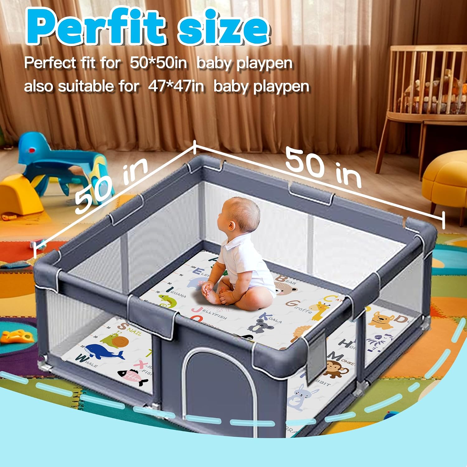 Detalle de FUGWU Animal Alphabet-A Baby Play Mat, 50 x 50 Inch, Foldable and Machine Washable