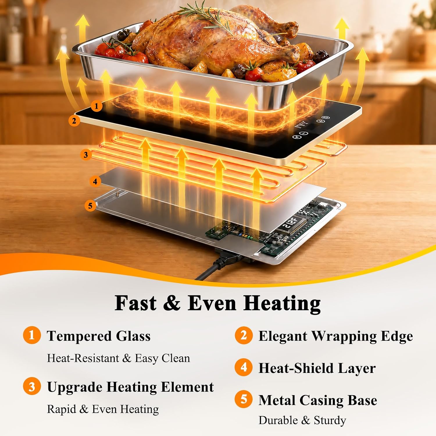 Detalle de FYY 3-Panel Electric Warming Tray with Tempered Glass, 13 Heat Levels and Timer