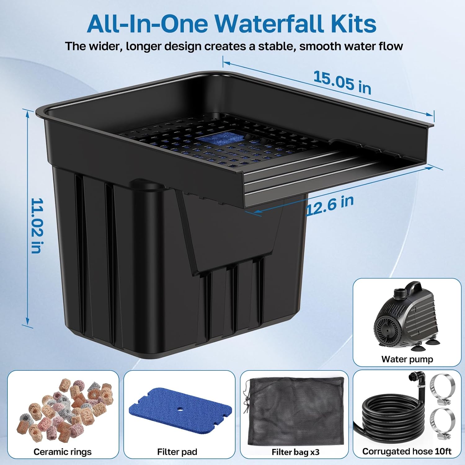 Detalle 2 de POPOSOAP Pond Waterfall Kit with 4500 L/H Pump, 3m Corrugated Tubing and Filter Media