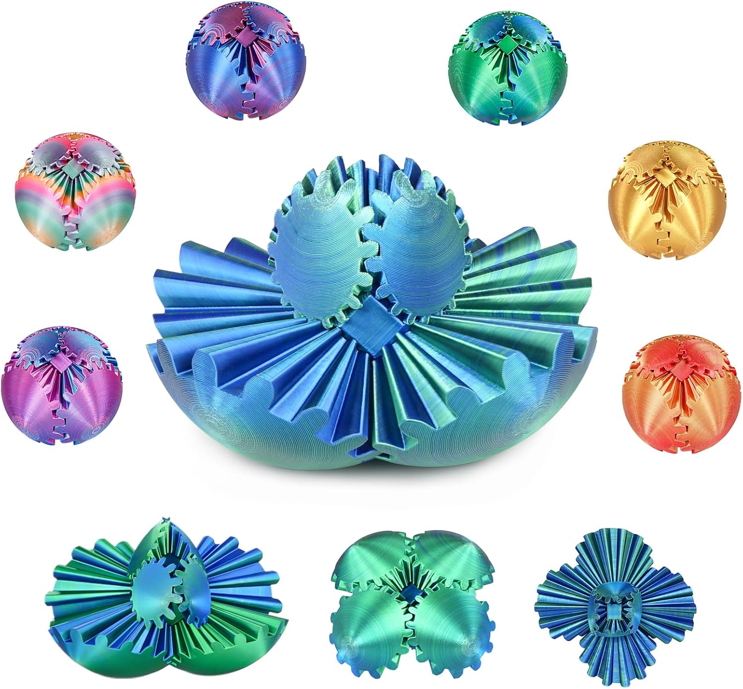 Thumbnail 6 de Gear Ball 3D Printed Fidget Toy Spinning Gear Sphere (Green, 2.5 inch)