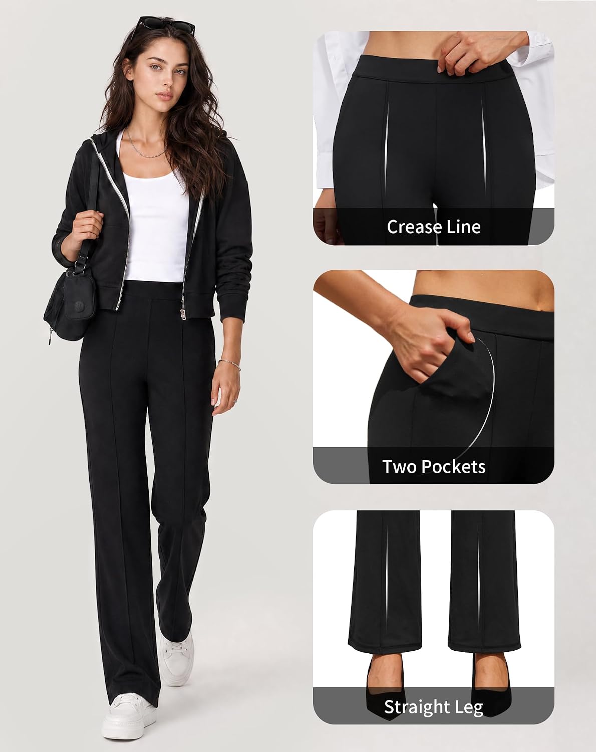 Detalle de JEKAOYI High-Waisted Straight-Leg Work Pants with Stretch and Slant Pockets