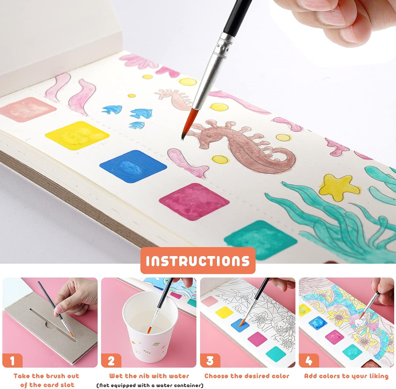 Detalle de Cavnewt Pocket Watercolor Painting Book – 21 Pages Travel Set for Kids 3–8