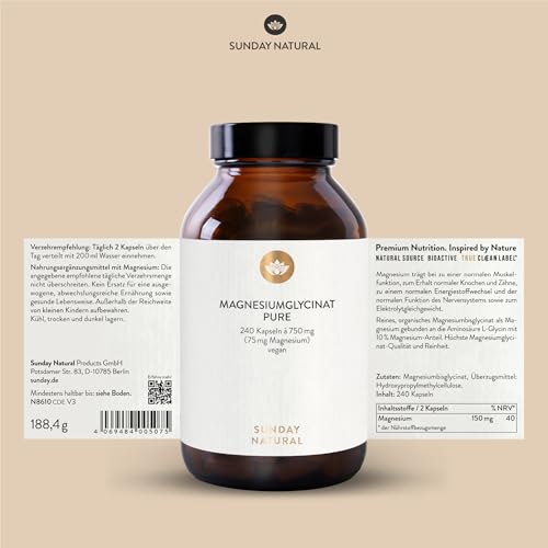 Detalle de SUNDAY NATURAL Magnesium Bisglycinat Premium – 240 Kapseln, 150 mg Mg pro Portion