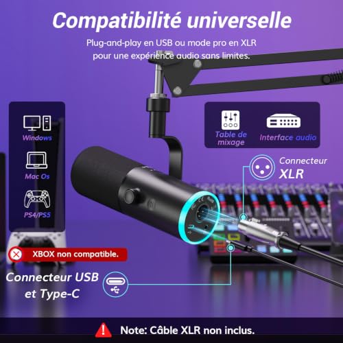 Thumbnail 6 de TONOR TD510 AIR H+ Micro Gaming Dynamique pour PC — Microphone Cardioïde USB/XLR avec Bras, RGB et Annulation IA