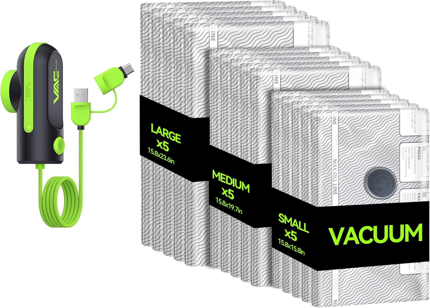 Detalle de VACKFOX Vakuumbeutel mit elektrischer Pumpe – USB Type-C, 15er-Set, grün
