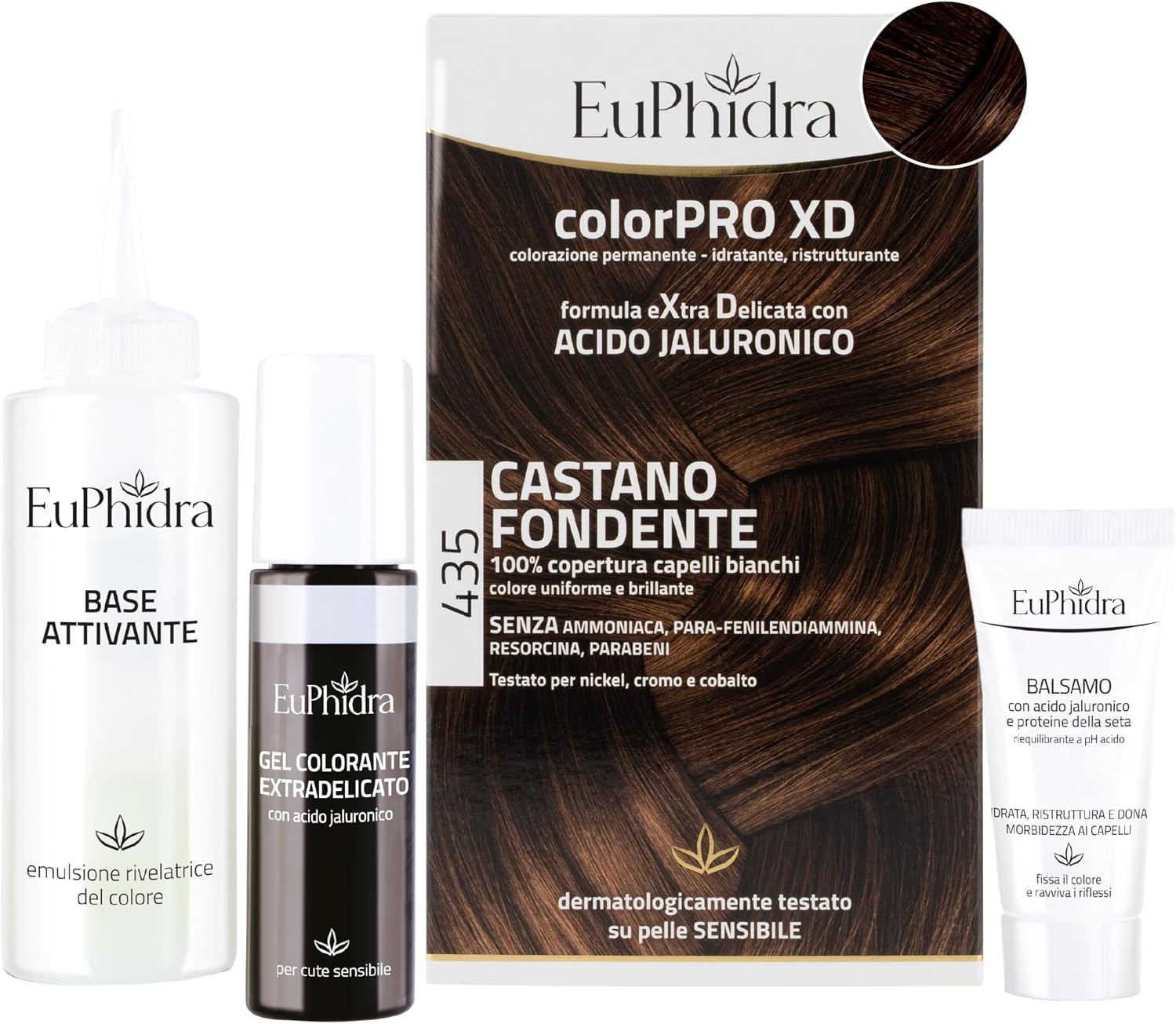 Detalle de Euphidra ColorPro XD: Kit colorazione castano fondente extradelicato 50 ml + base attivante 50 ml + balsamo con acido ialuronico 20 ml