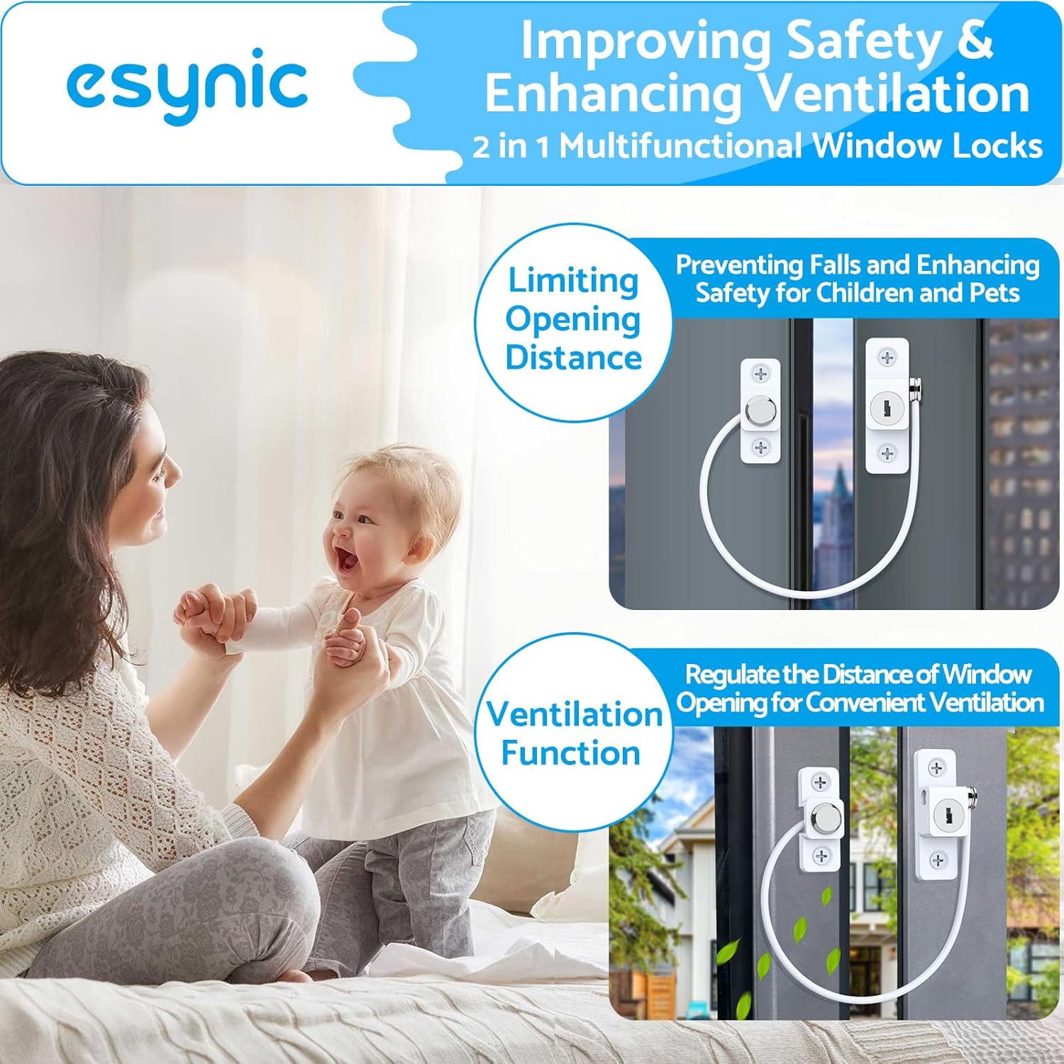 Thumbnail 1 de eSynic 12Pack Window Locks Child Safety Restrictor for UPVC (185mm) with Key & Lockable Cable
