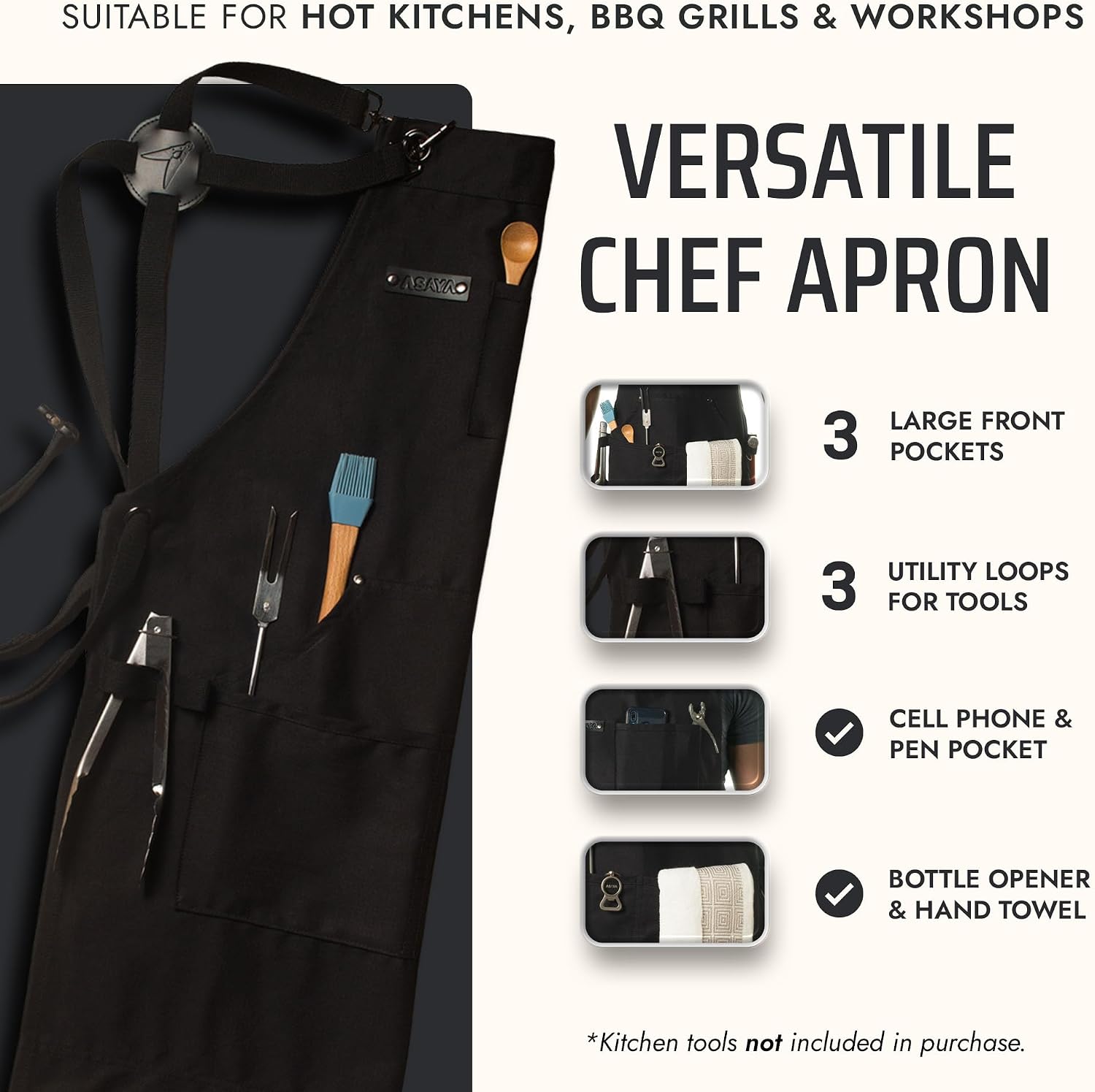 Thumbnail 1 de Asaya Chef and BBQ Apron with Bottle Opener and Hand Towel — 10oz Cotton Canvas, Cross Back Straps