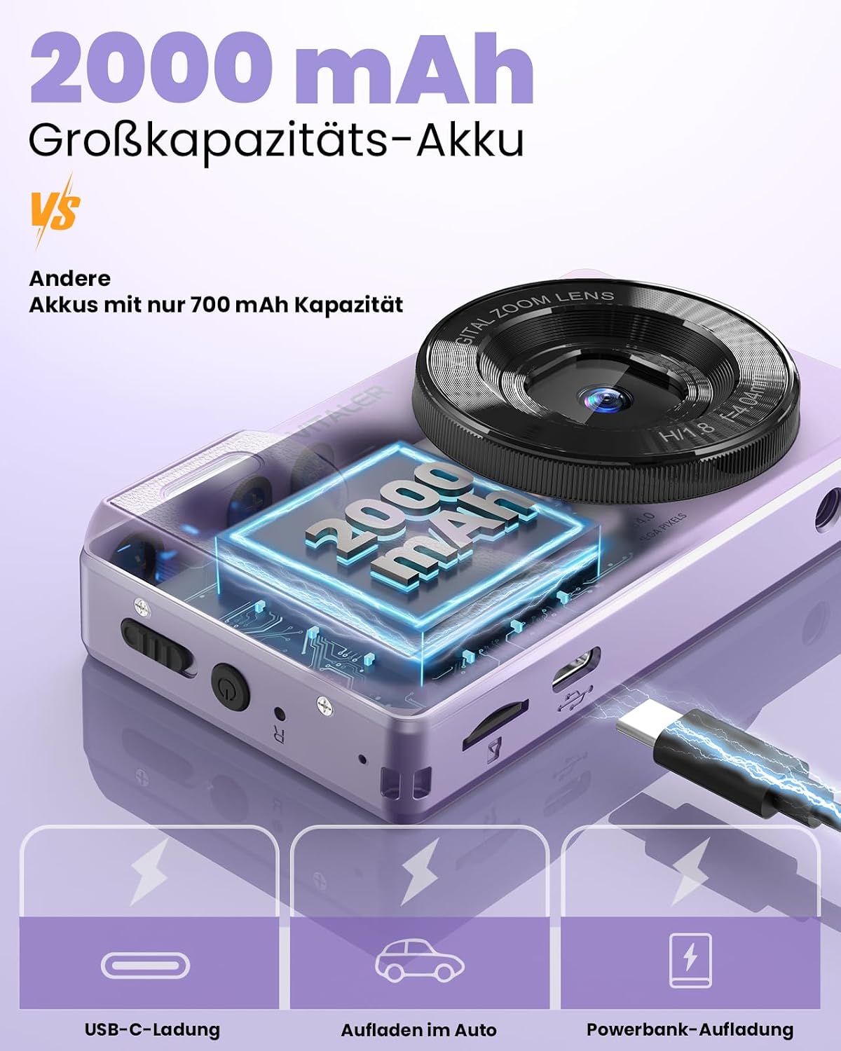Detalle de Digitalkamera 64MP Fotokamera 4K mit Doppelobjektiv – kompakt, leicht und kreativ (Lila, OHNE SD-KARTE)