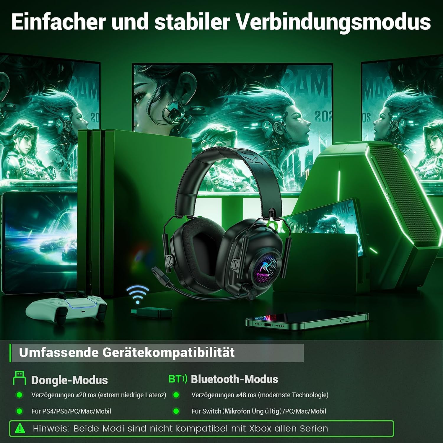 Detalle de Krysenix Gaming Headset Wireless mit Mikrofon – ultraschnelle 2,4-GHz-Latenz und Bluetooth 5.4