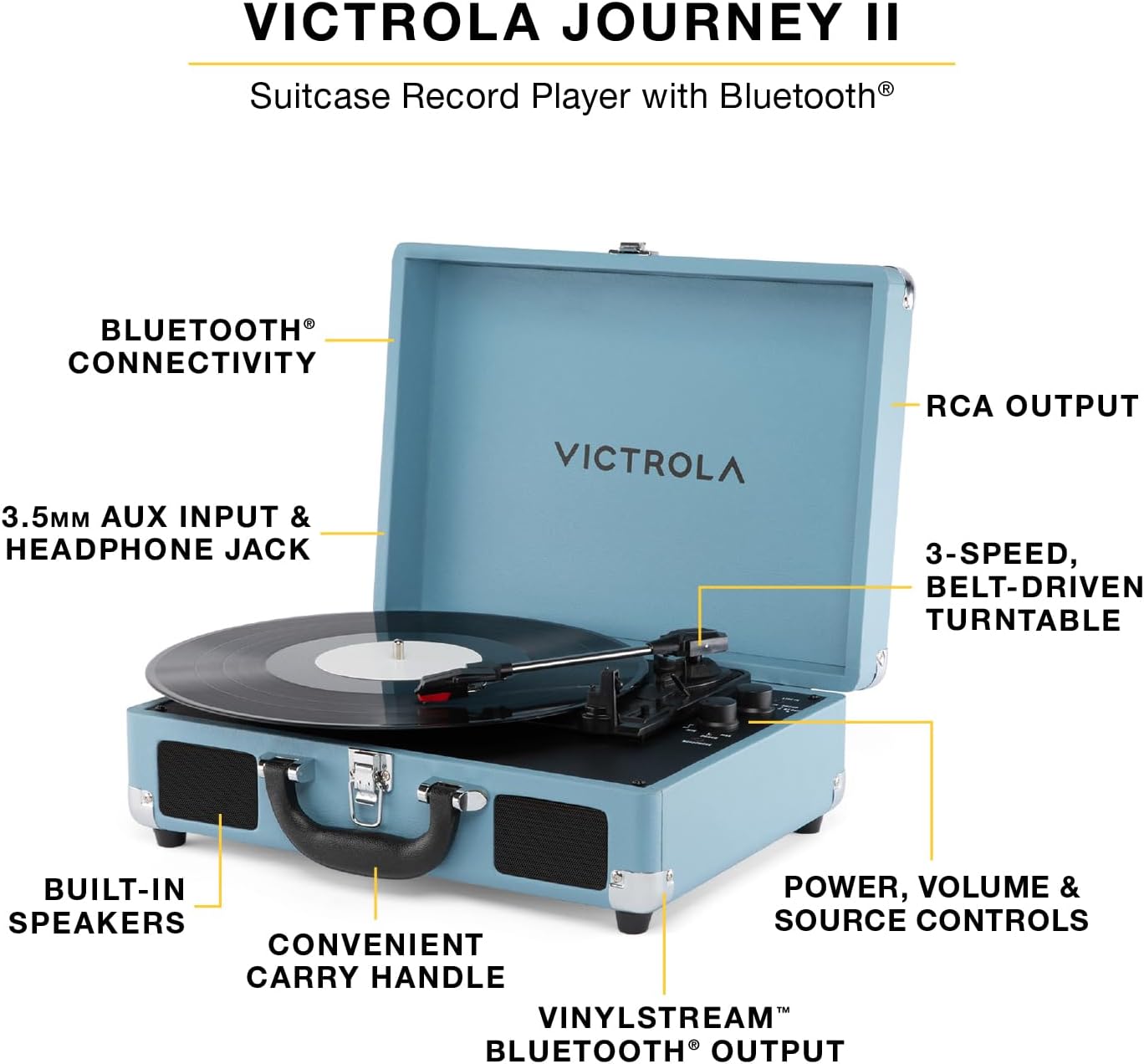 Thumbnail 1 de Victrola Journey II Bluetooth Suitcase Record Player in Turquoise