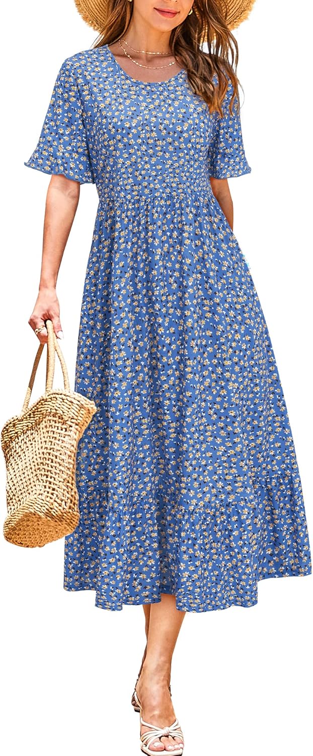 Detalle de STYLEWORD Women Floral Summer Dress with Pockets – Midi Swing Dress