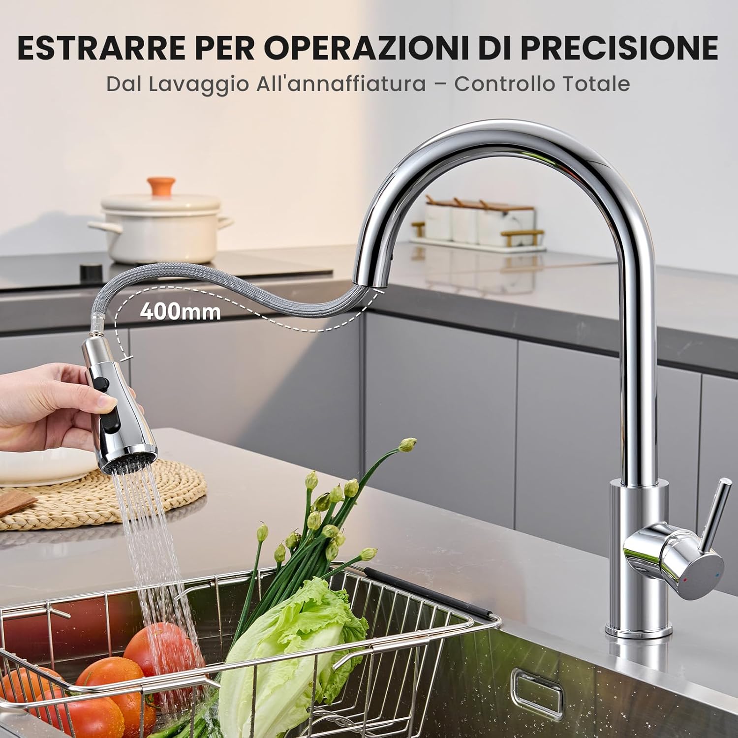 Thumbnail 2 de CECIPA Rubinetto Lavello Cucina con doccetta estraibile, 40 cm e 2 modalità (Stream/Spray) con getto alto, acciaio inox