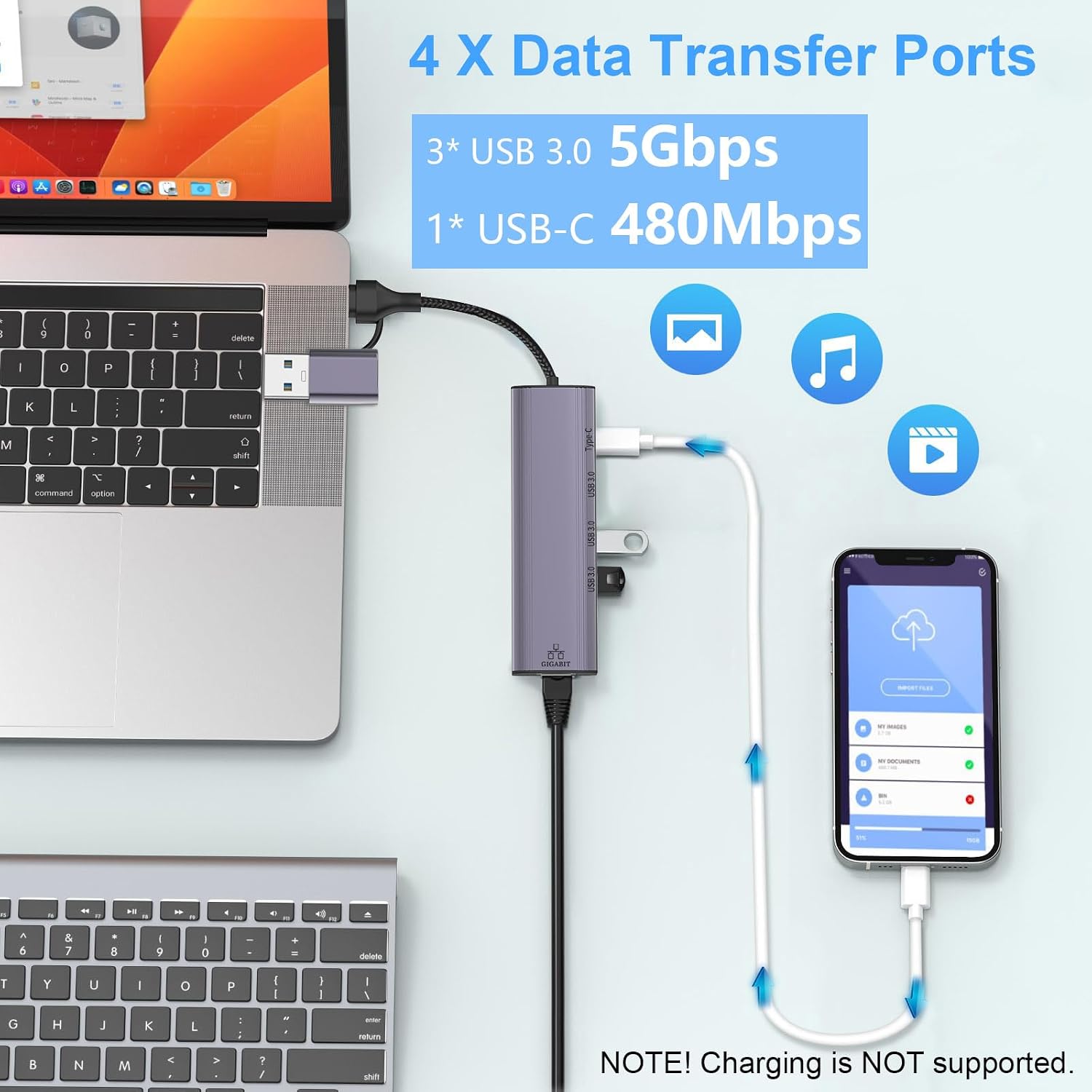 Detalle 2 de USB C to Ethernet Adapter 1Gbps with 3 USB 3.0 ports