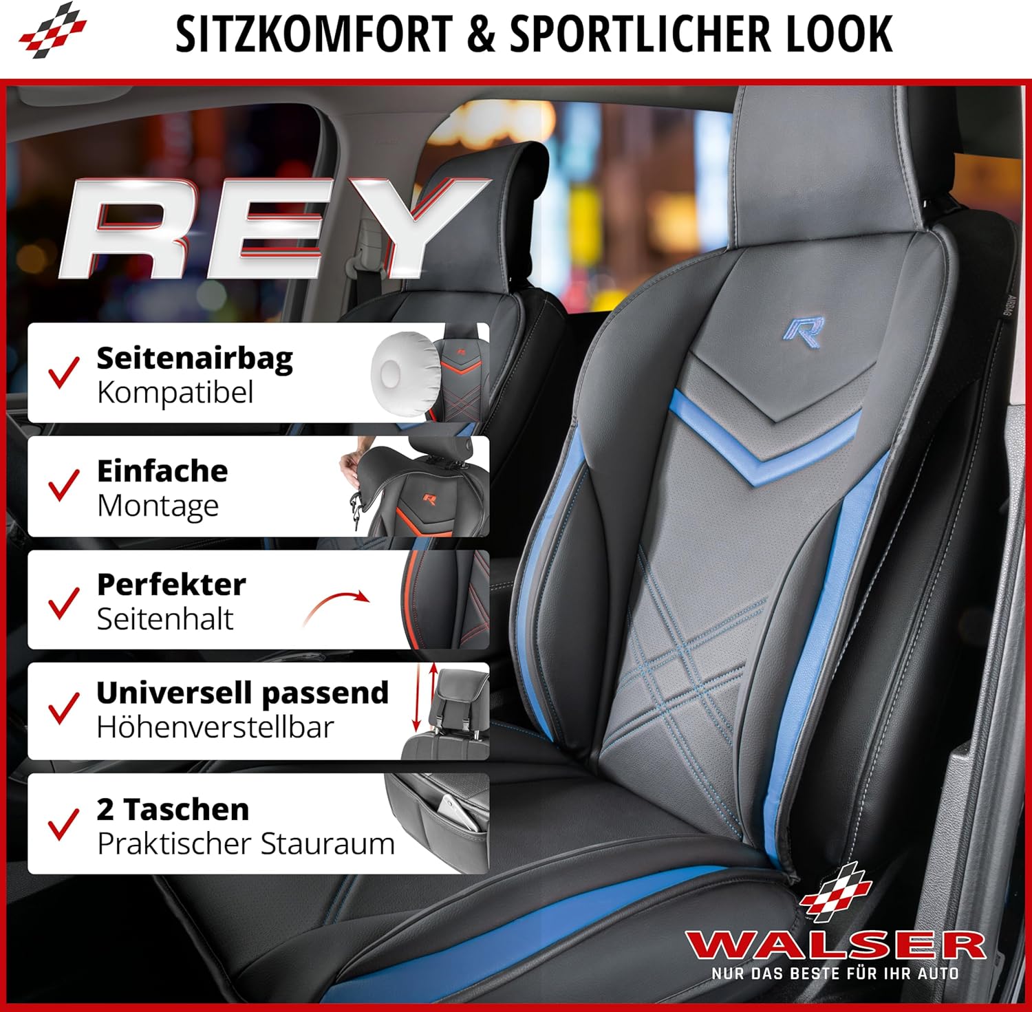 Thumbnail 1 de WALSER Sitzauflage Auto Rey – universeller Sitzschoner für Vordersitze im Rennsport-Look (schwarz/blau)