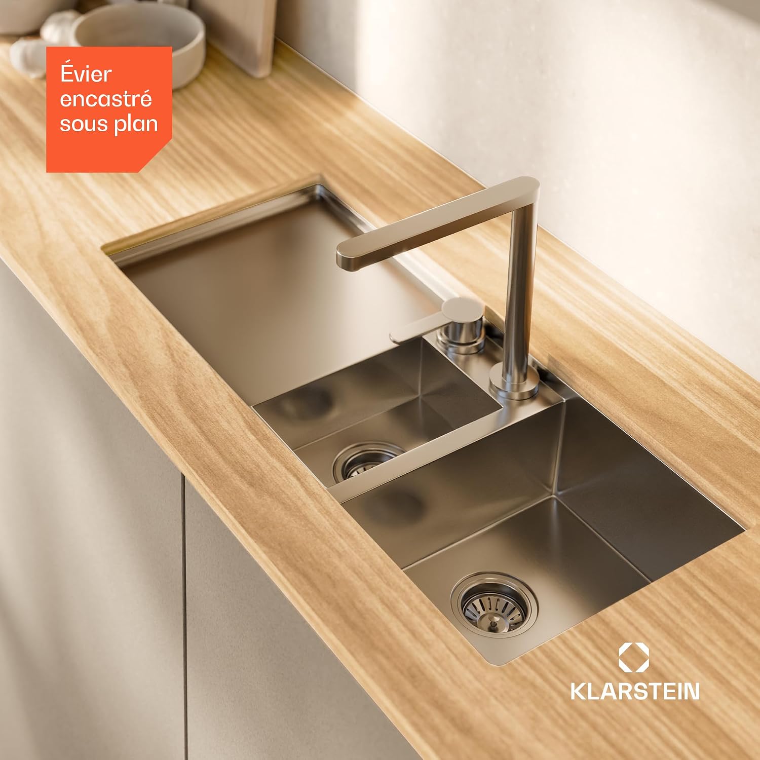 Detalle de Klarstein Évier de cuisine en inox – bac 1,5 avec égouttoir, 100x45 cm, acier inoxydable 304