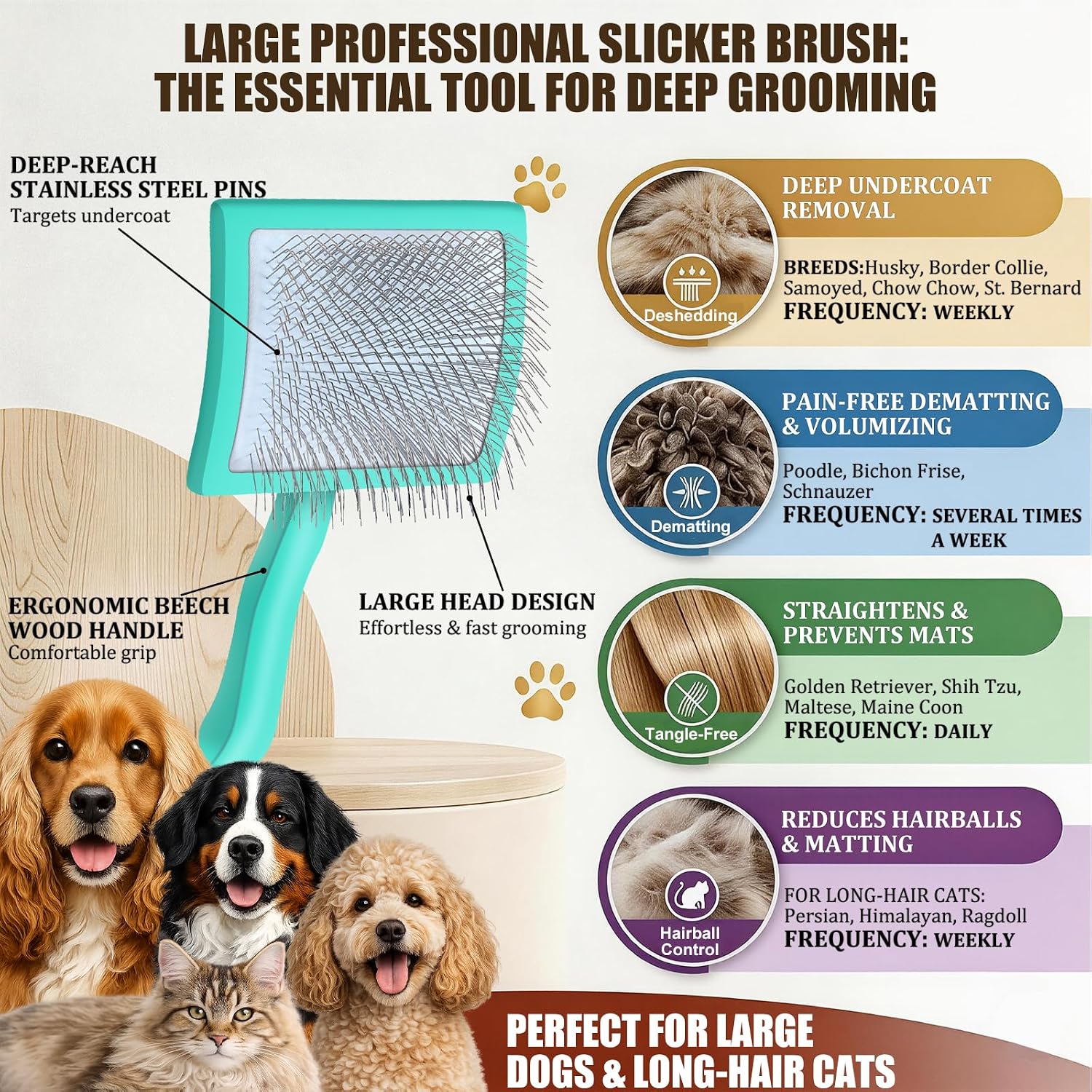 Detalle 2 de COZYGIFT Dog Slicker Brush & 2-in-1 Comb for Long-Haired Doodles (Green)