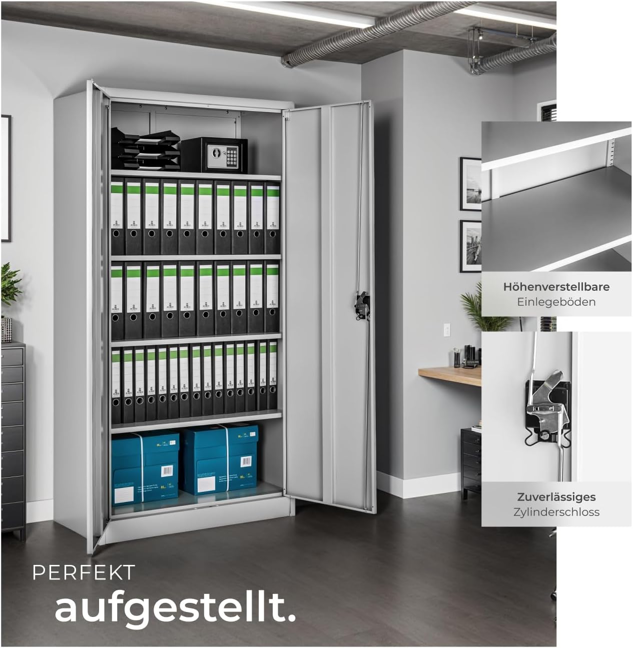 Thumbnail 5 de tectake® Aktenschrank abschließbar (180 x 90 x 40 cm) mit 2 Türen und 5 höhenverstellbaren Einlegeböden – grau
