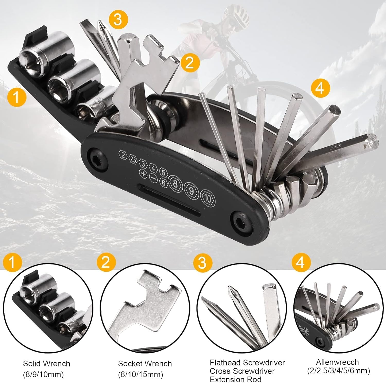 Detalle 2 de Waterproof Saddle Bag Bike Repair Tool Kit with 16-in-1 Multi Tool, Tyre Spoons & Glueless Pads