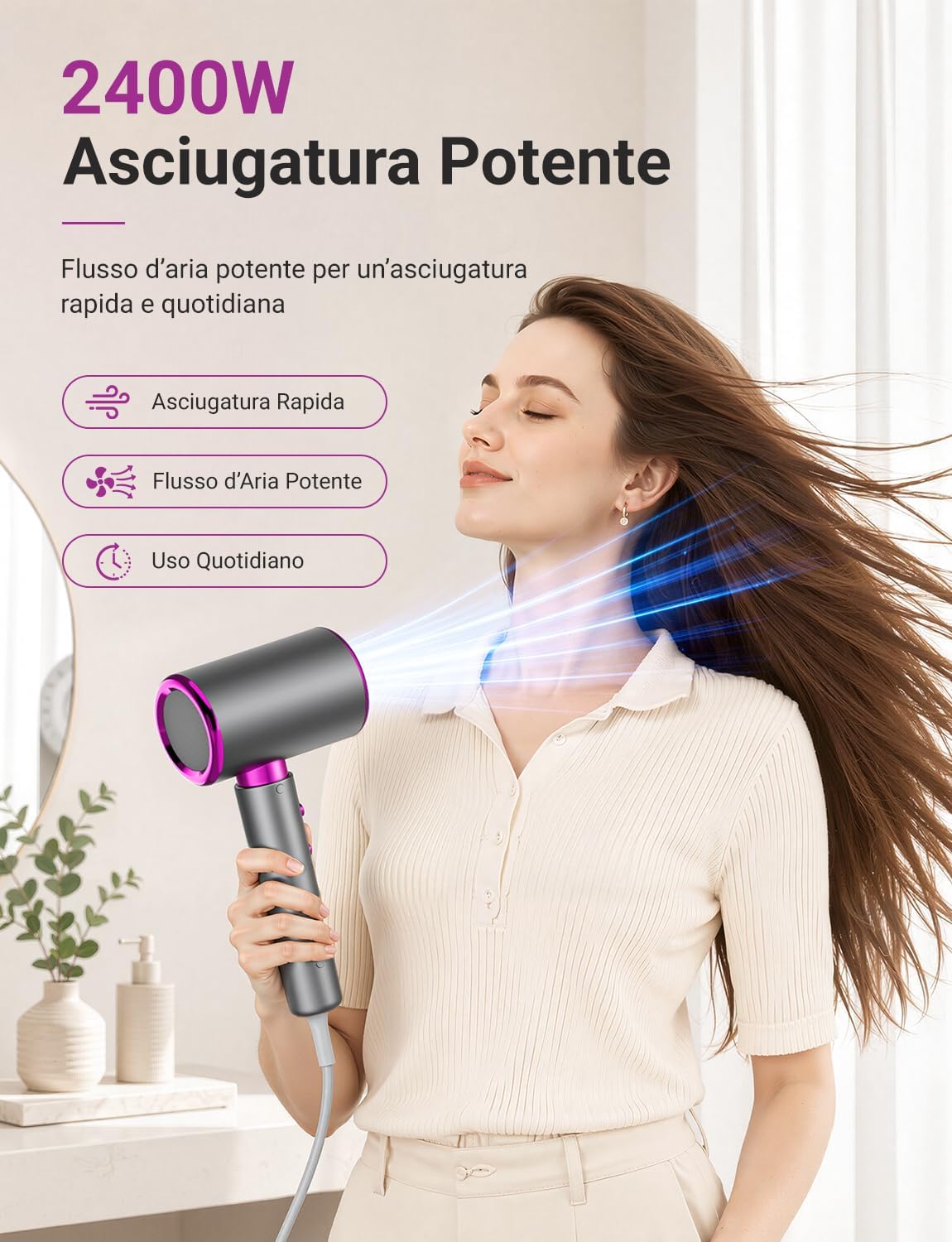 Thumbnail 1 de LORVENA Phon Capelli 2400W: asciugacapelli potente con motore AC, diffusore e concentratore