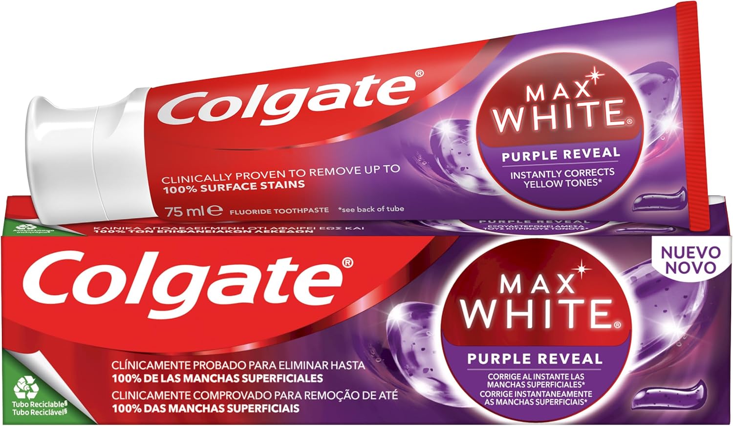 Detalle 2 de Colgate Max White Purple Reveal Pasta Blanqueadora, 12 uds 🦷