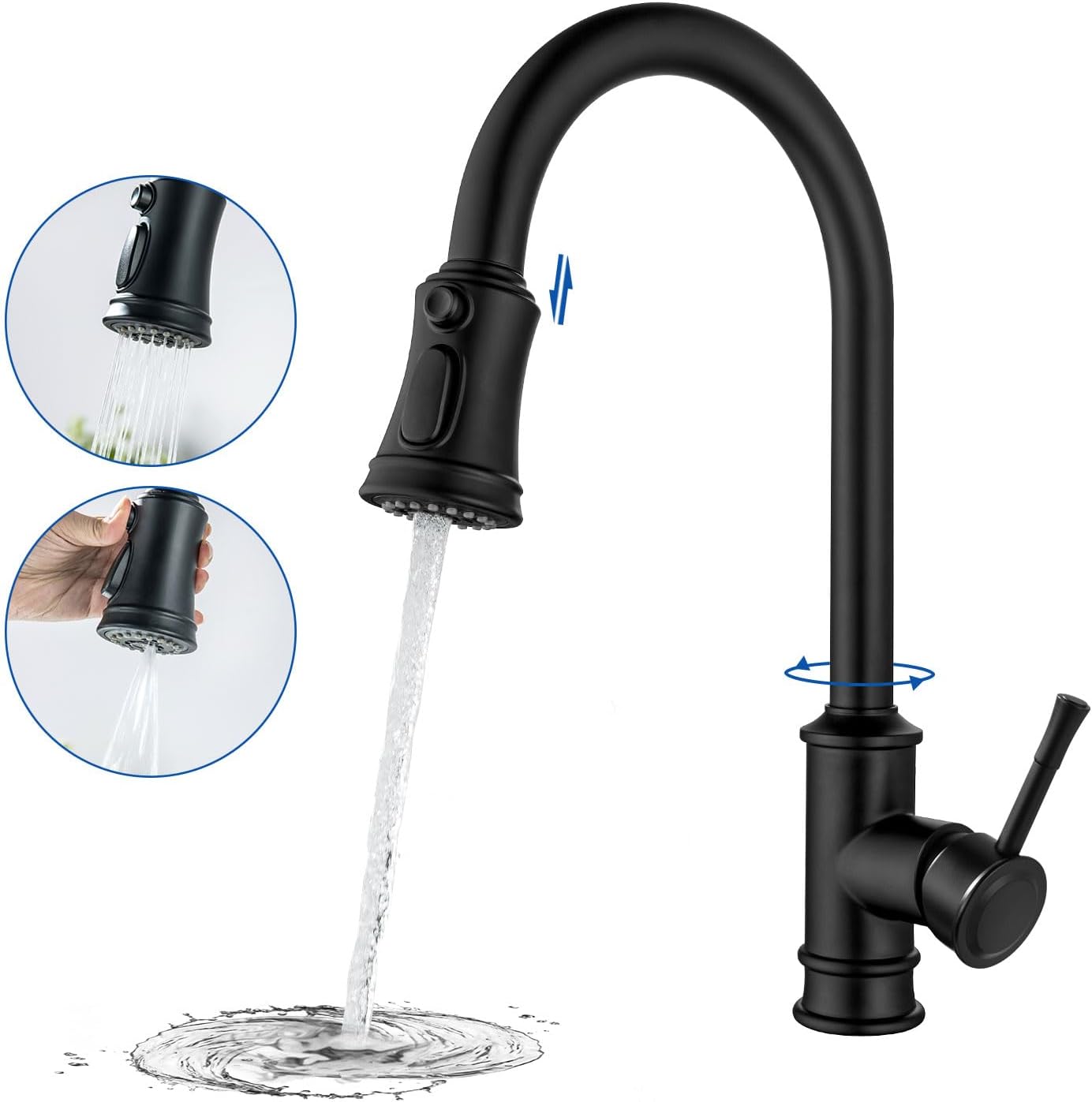 Detalle de Vintage Kitchen PsycheCove Faucet: 360° Swivel, 3 Spray Patterns, Matte Black