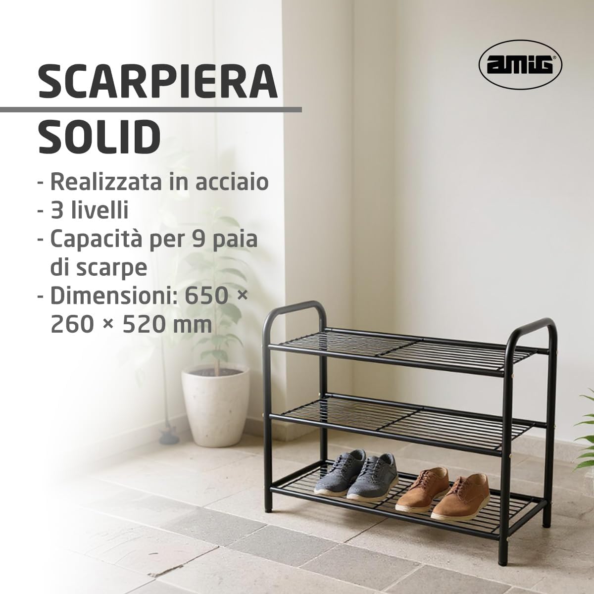 Thumbnail 2 de Amig - Scarpiera in metallo con 3 ripiani per 9 paia (65 x 25 x 53,5 cm) – Nero opaco