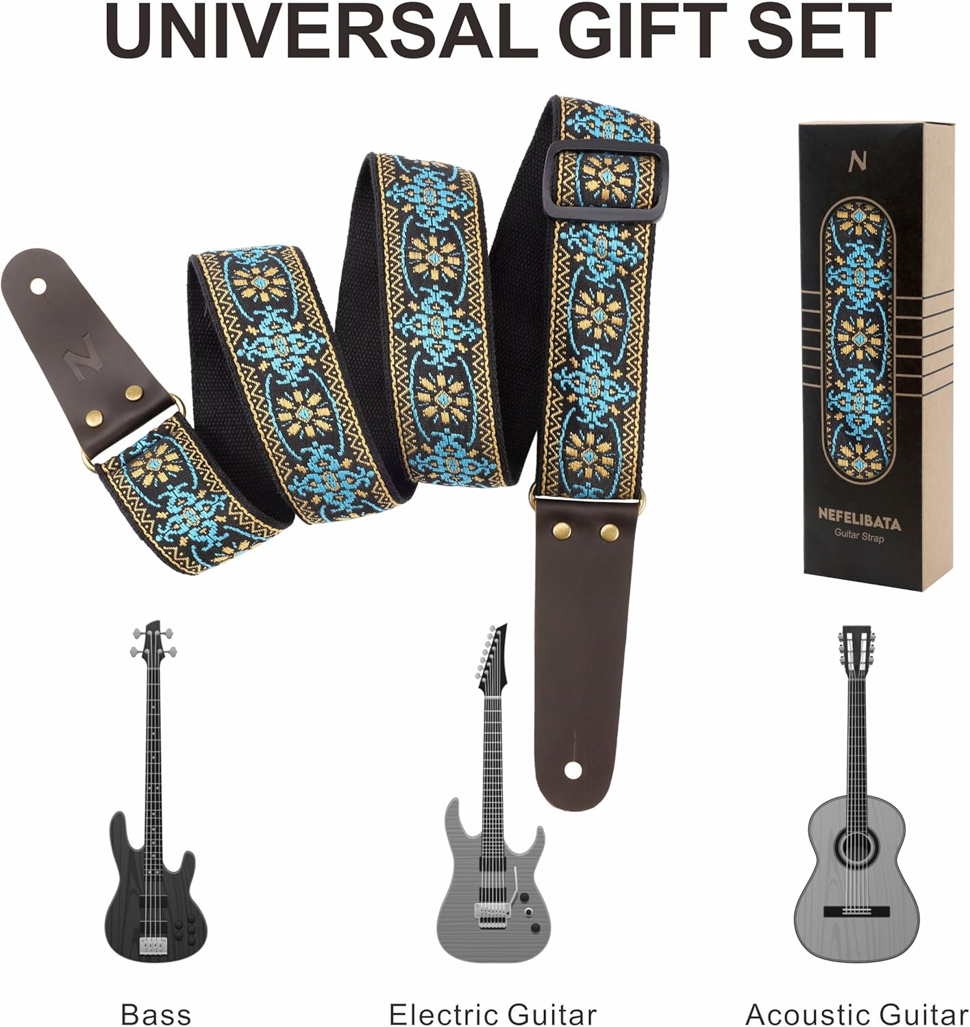 Detalle de Nefelibata Gitarrengurt – bestickter Baumwollgurt mit Rindslederenden, inkl. Plektren und Zubehör für alle Gitarrenarten