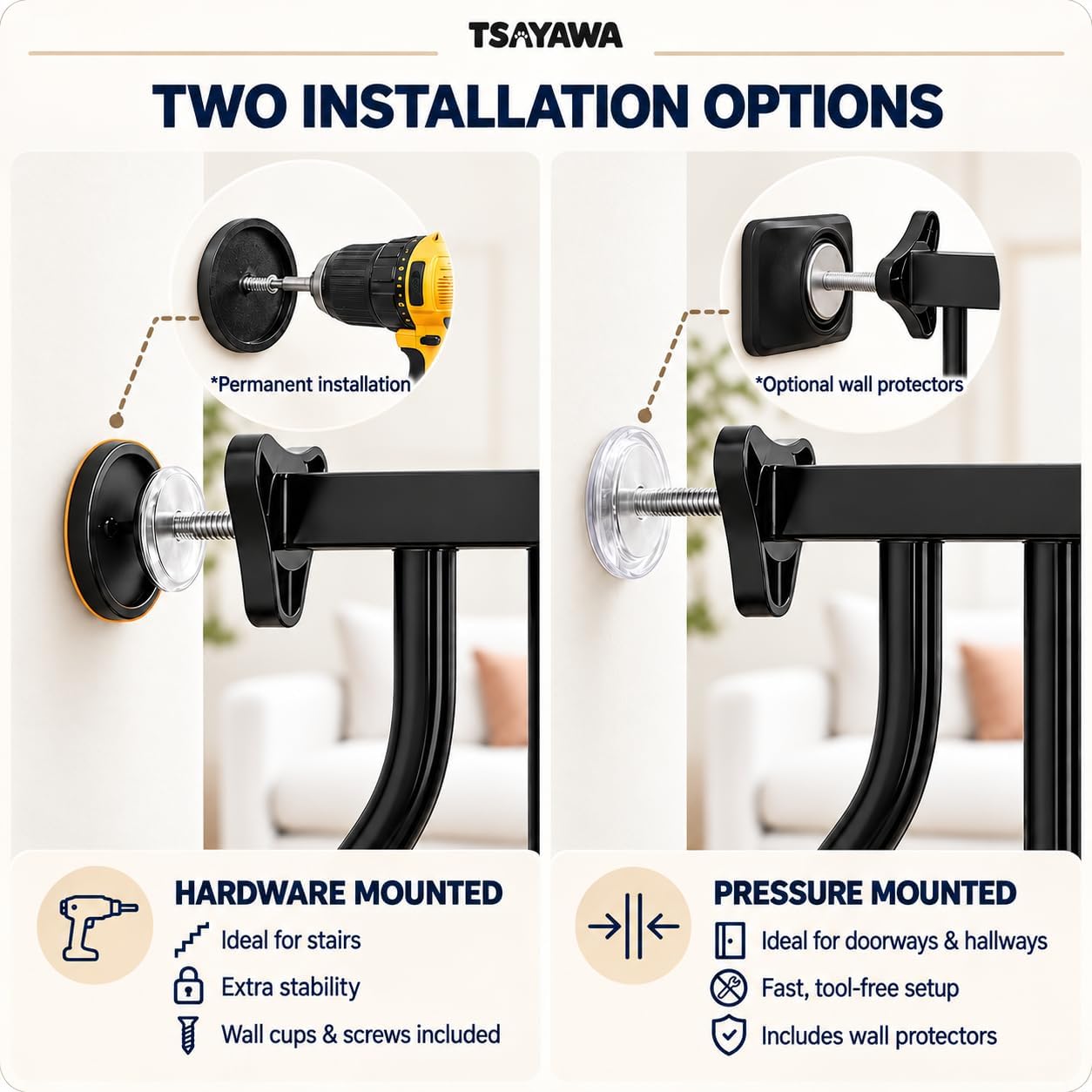 Detalle 1 de TSAYAWA Black Extra-Wide Walk-Through Baby Gate, 71.65–85.82-Inch Pressure Mount