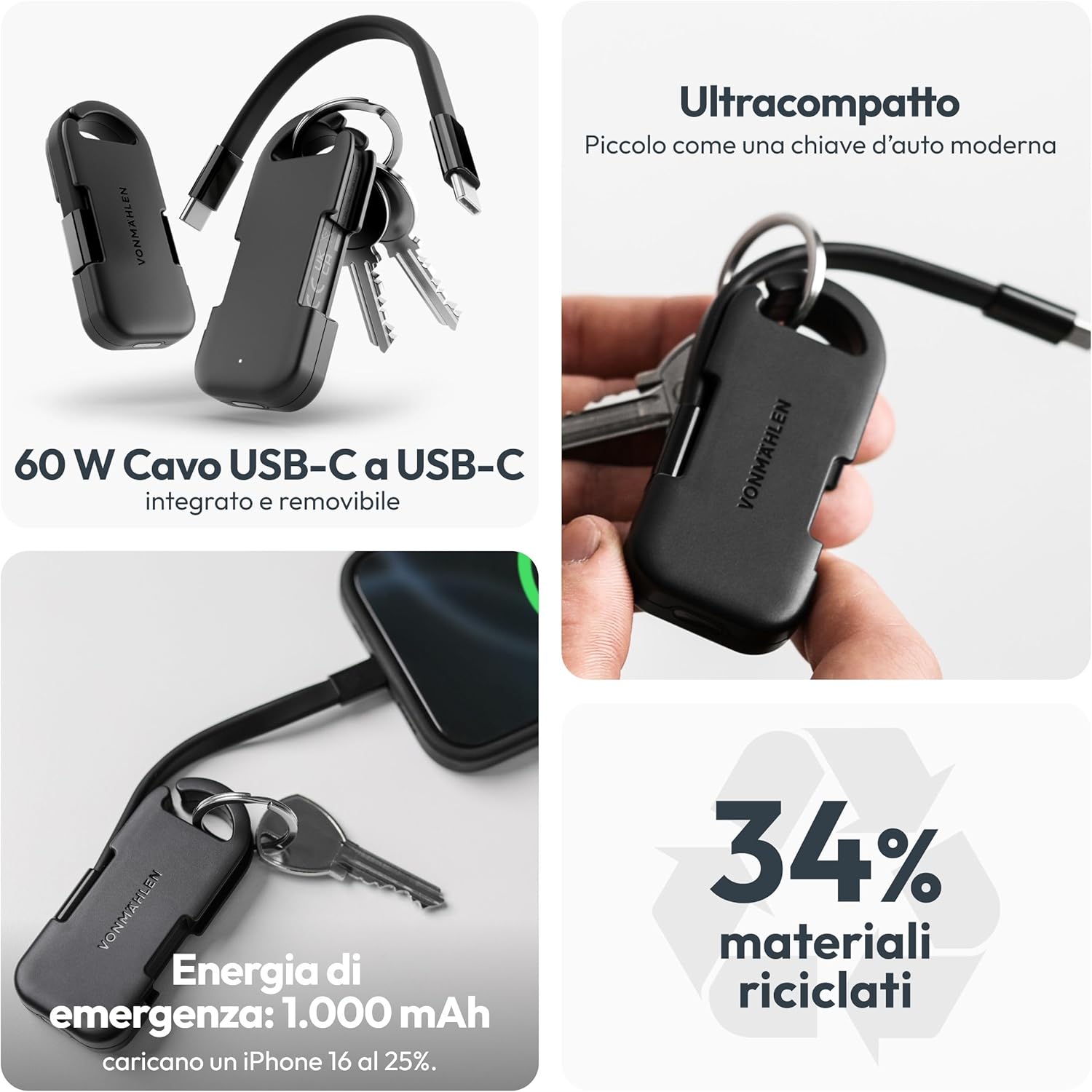 Thumbnail 2 de Vonmählen Evergreen Go: Powerbank tascabile da 1000 mAh con cavo USB-C integrato, design ultracompatto