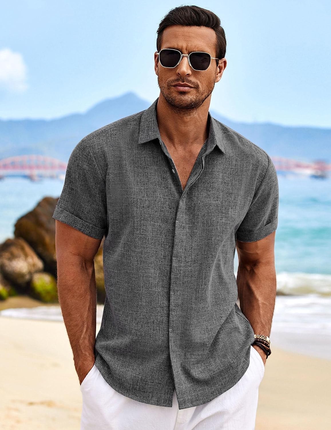 Thumbnail 1 de COOFANDY chemise en lin pour hommes à manches courtes boutonnée