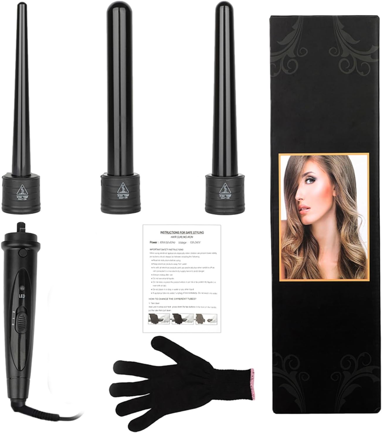 Detalle de Curloni Lockenstäbe Set 3-in-1 – Große und Kleine Locken, Keramik-Tourmalin-Beschichtung, Reise-Volumen