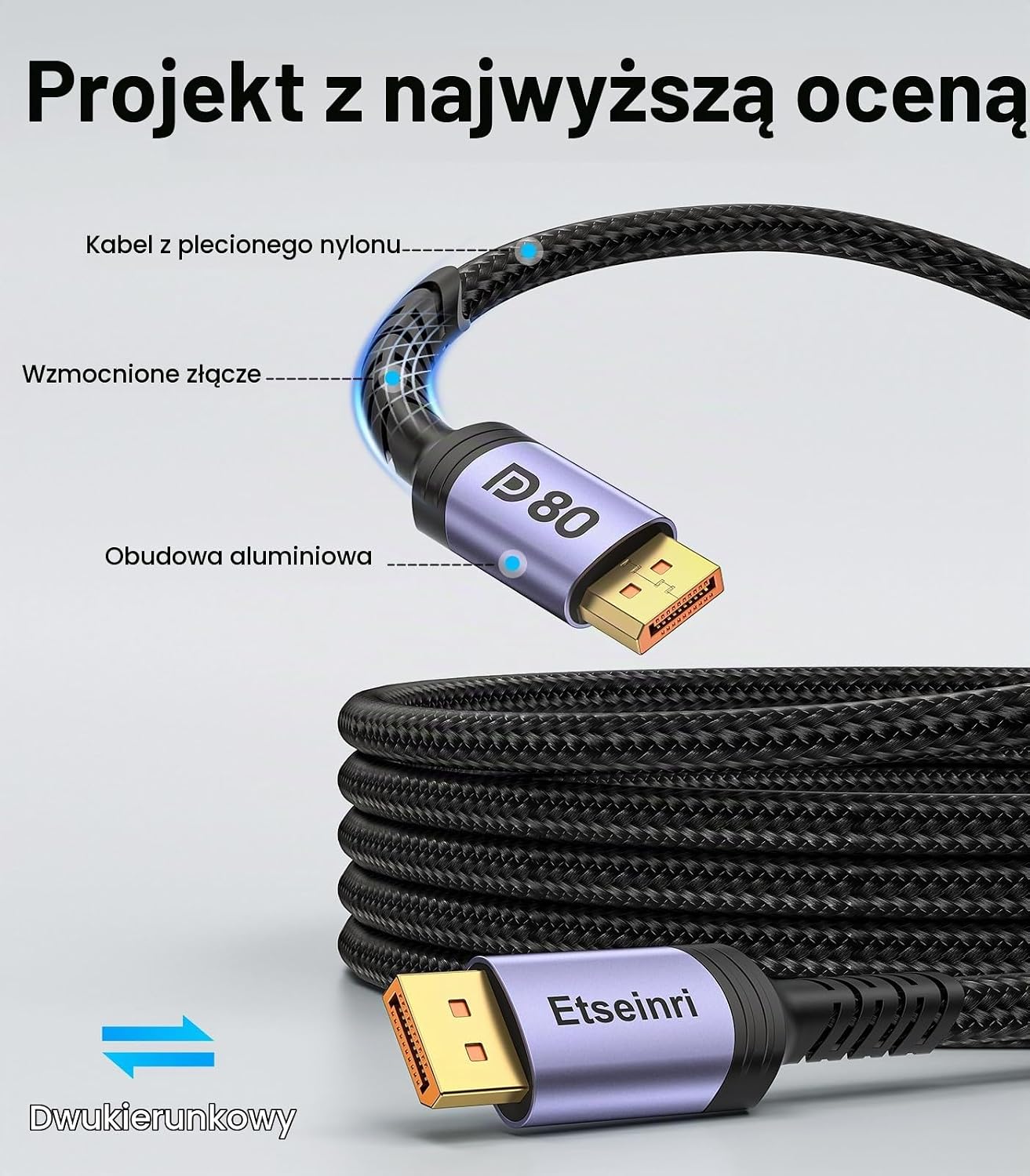 Detalle 2 de Etseinri ET-DP2.1-3M kabel DisplayPort 2.1, 80 Gb/s, 3 m, VESA