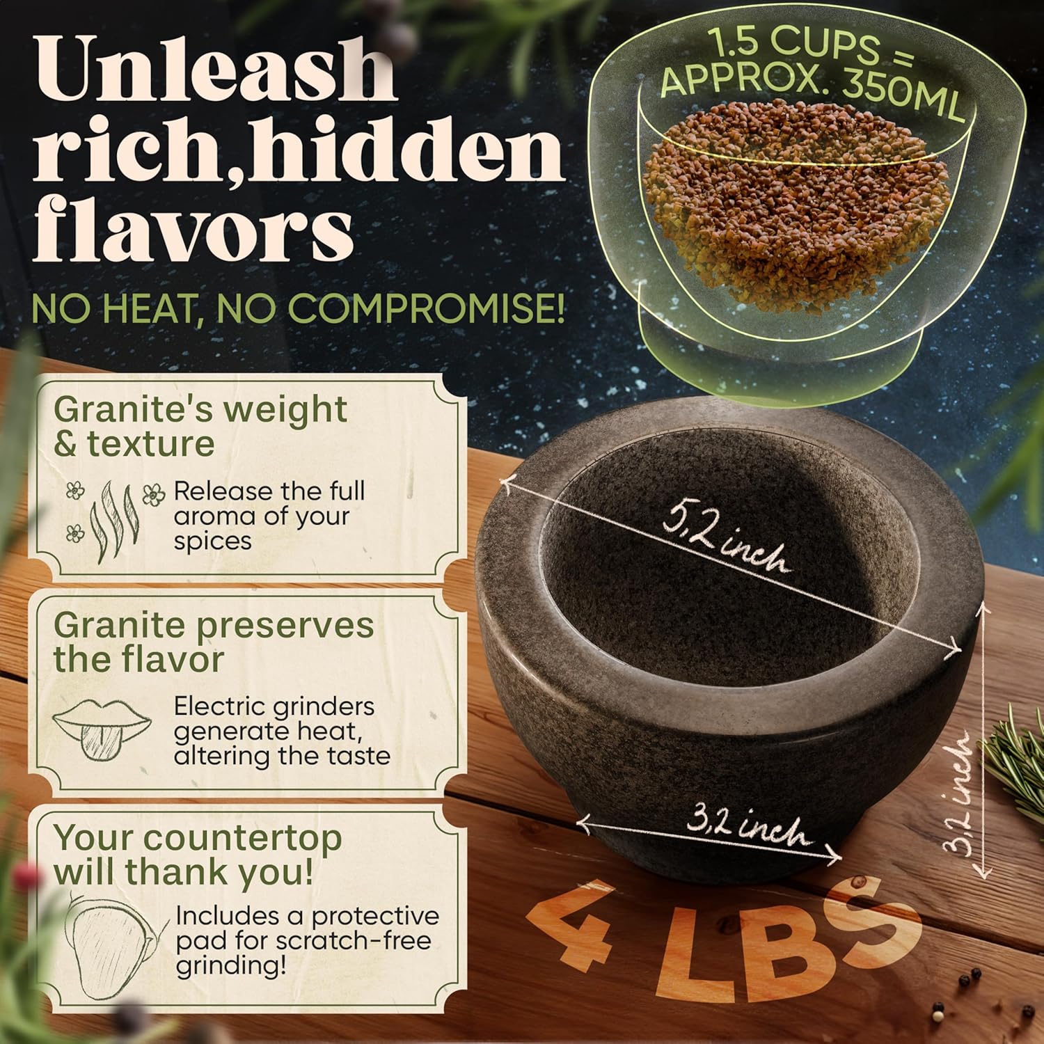 Thumbnail 1 de ChefSofi Mortar and Pestle Set (Black Polished Exterior) — 1.5 Cup Capacity