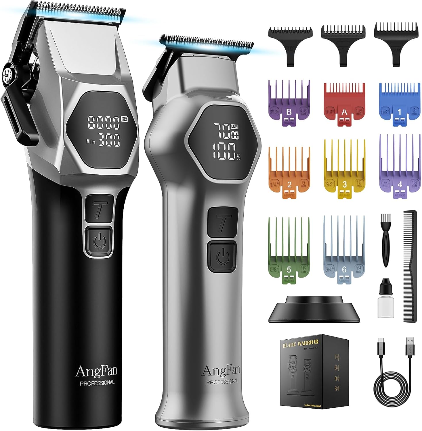 Detalle de ANGFAN Professional Hair Clippers for Men – 8000 RPM Brushless Motor, 440C Steel Blades, Cordless Barber-Grade Set