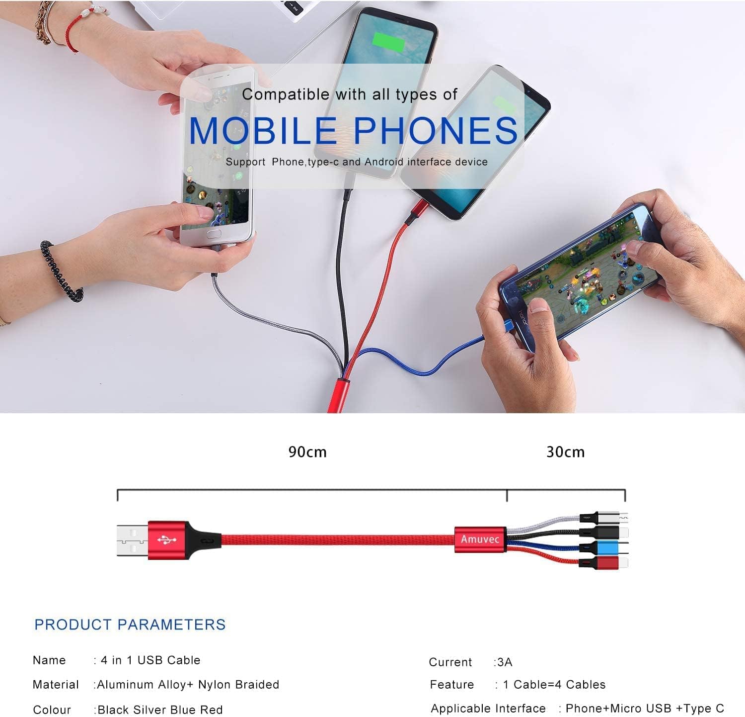 Thumbnail 1 de Amuvec Multi Charger Cable [2 Pack] 4 in 1 USB Fast Charging Cable, 1.2m Nylon Braided, 3A Total, Type-C, Micro USB and 2 Phone Connectors