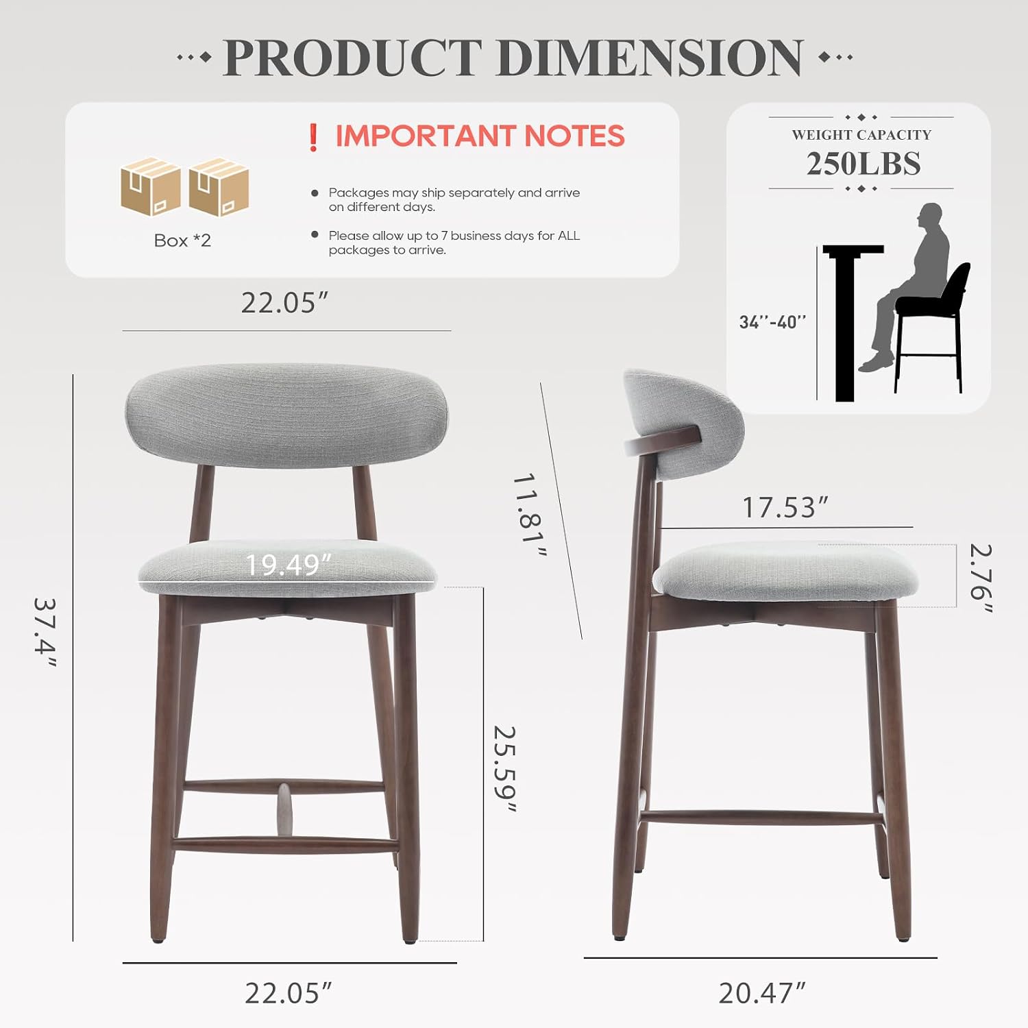 Thumbnail 1 de COLAMY VC-B6269-LGY3-FB-4B Upholstered Counter Stools, Set of 4, Light Grey