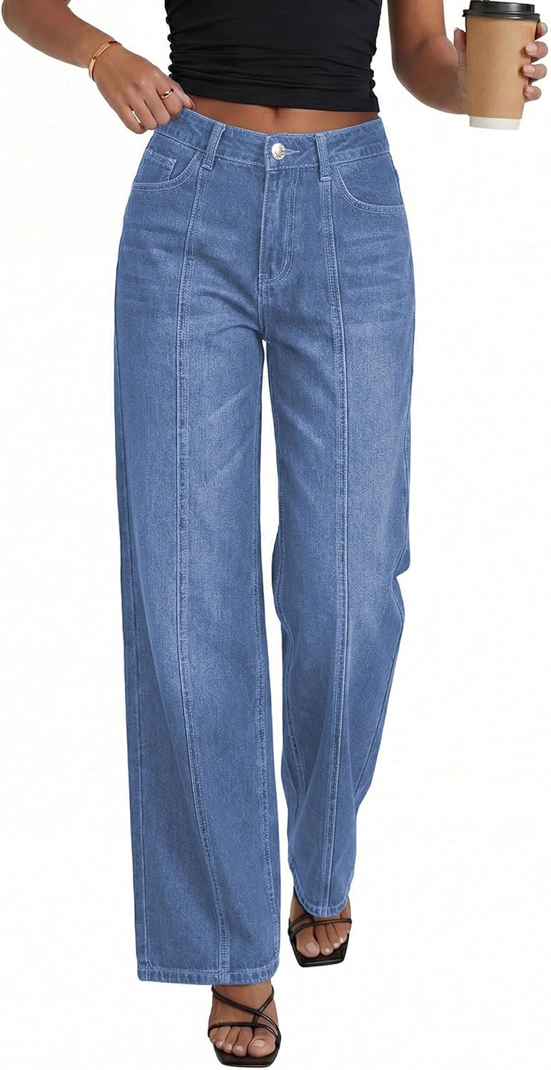 Detalle de PRETTYGARDEN Wide-Leg Jeans for Women, Stretch Denim, High-Rise, Seamed Front