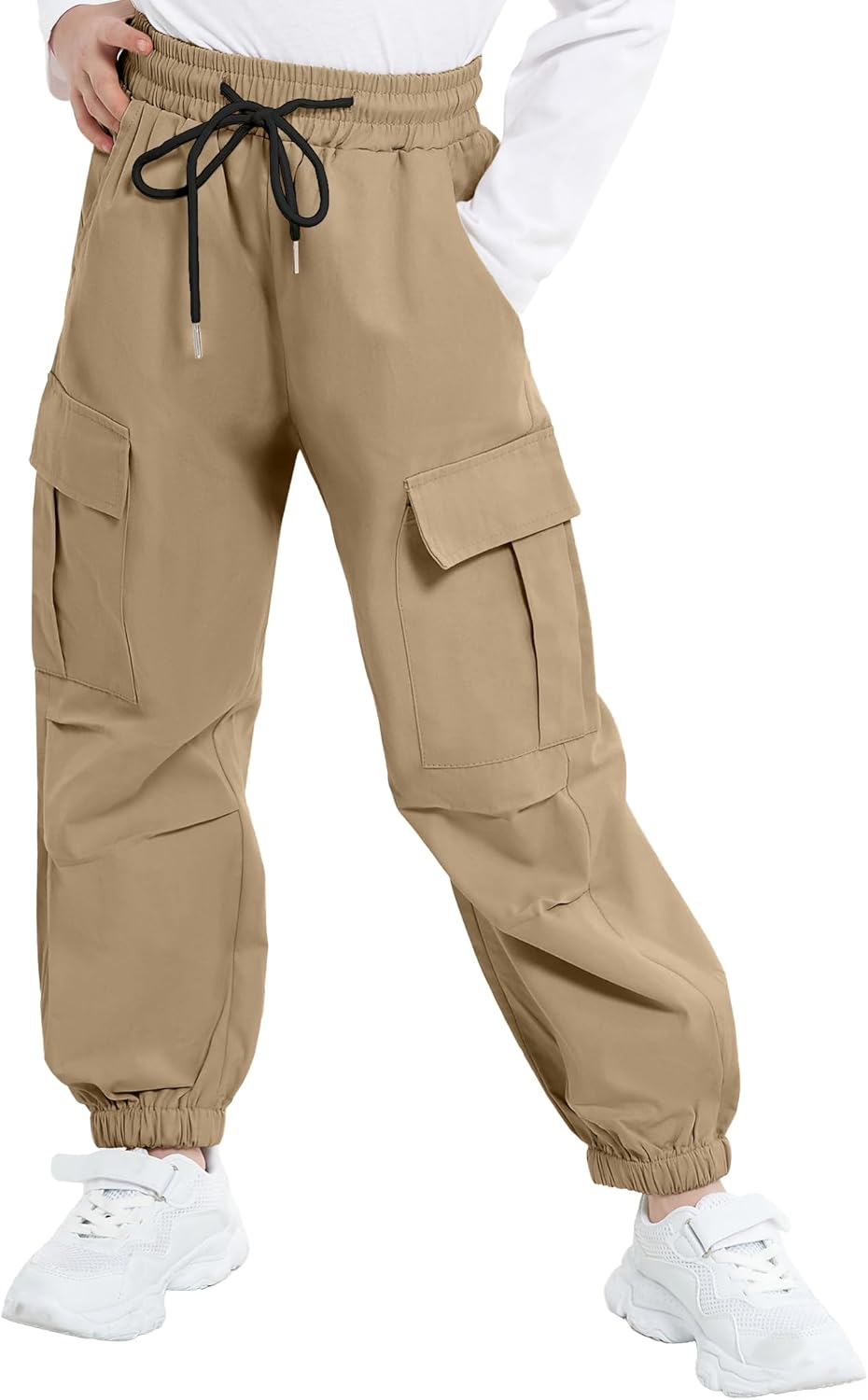Detalle de JiAmy Girls Cargo Trousers with Elastic Waist – Casual Baggy Parachute Pants for 5–14 Years