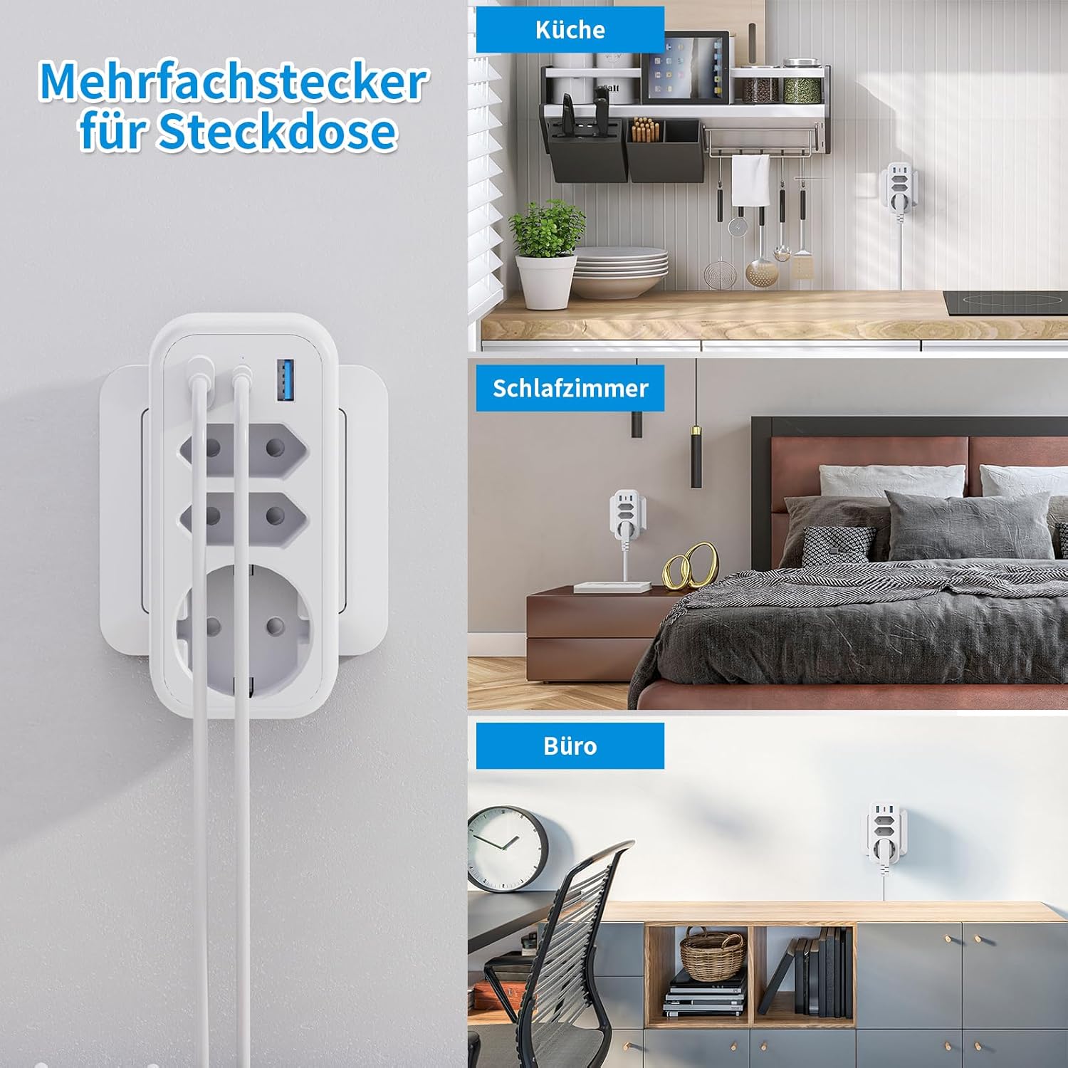 Thumbnail 3 de 6-in-1 Mehrfachstecker Steckdosenadapter mit PD20W USB‑C und 4000 W (16 A) – STGAROT 3-fach Steckdosenleiste ohne Kabel