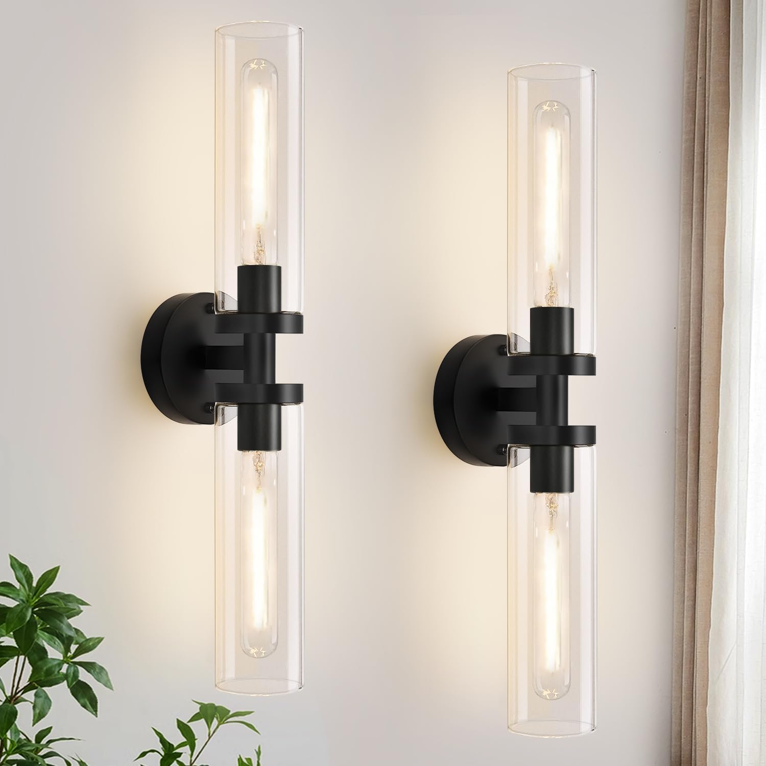 Indoi YX-050 Wall Sconces, Matte Black Metal and Clear Glass, Set of 2