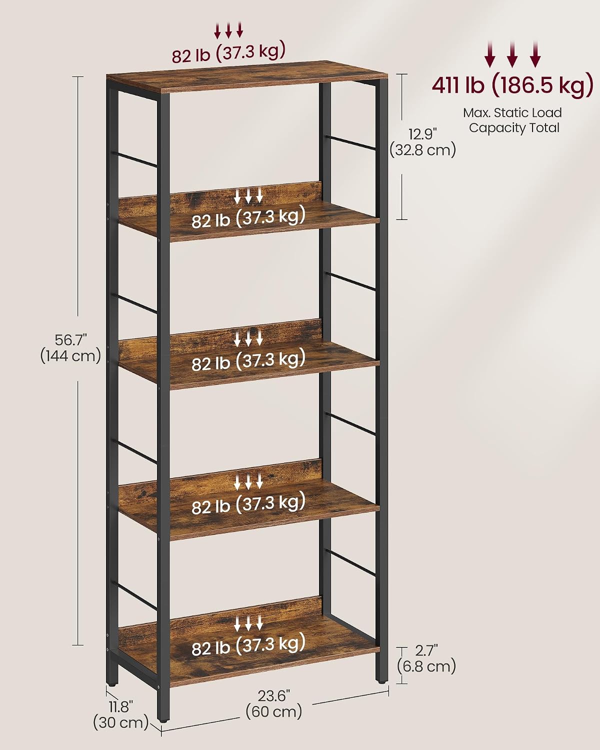 Detalle de VASAGLE BARNET LLS117B01 5-Tier Bookcase with Back Panels, 60 x 30 x 144 cm